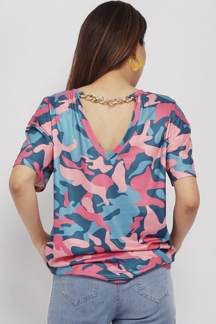 Trilly Chain Candy Camo Top in Coral Pink