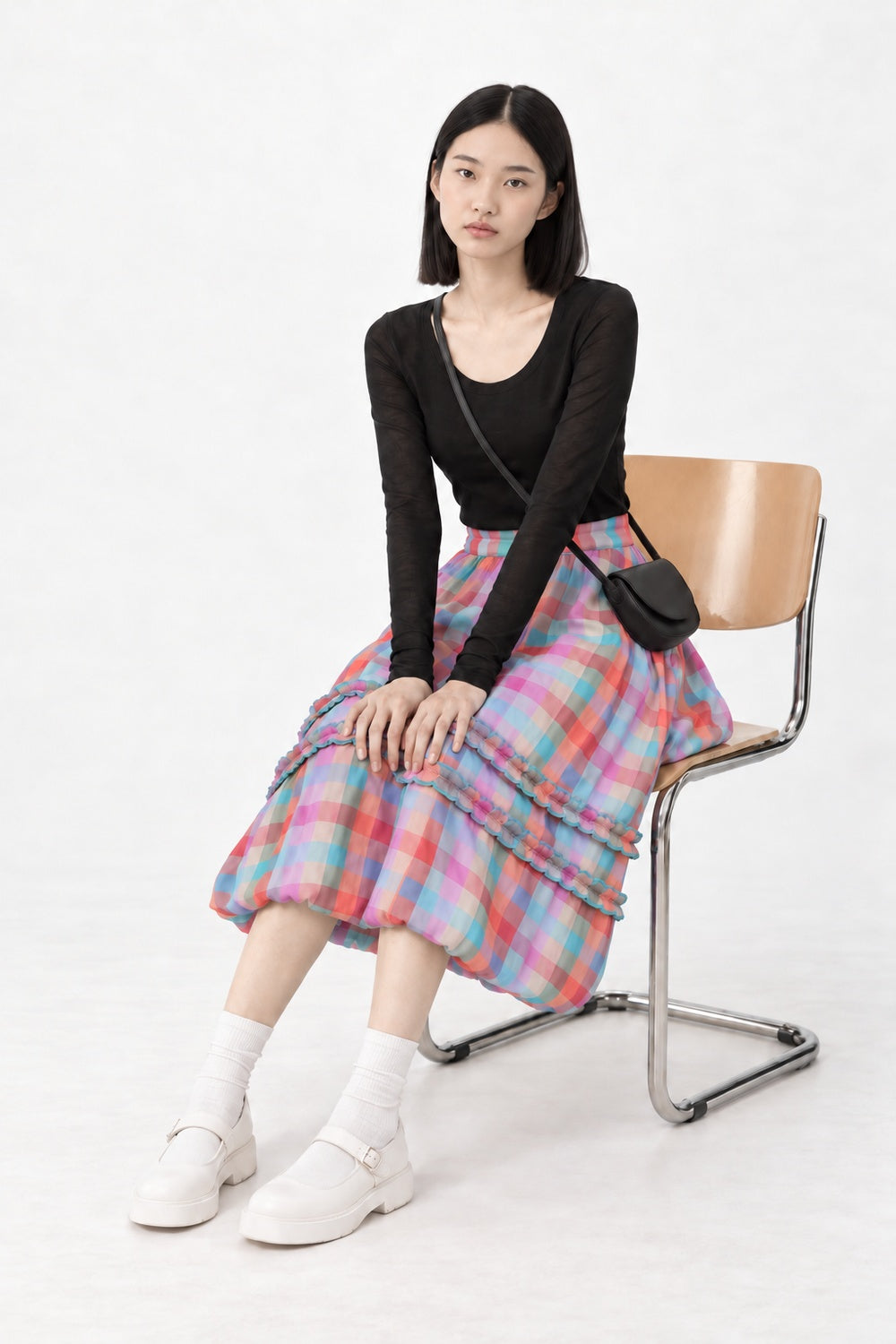 Jewel Checkered Balloon Skirt