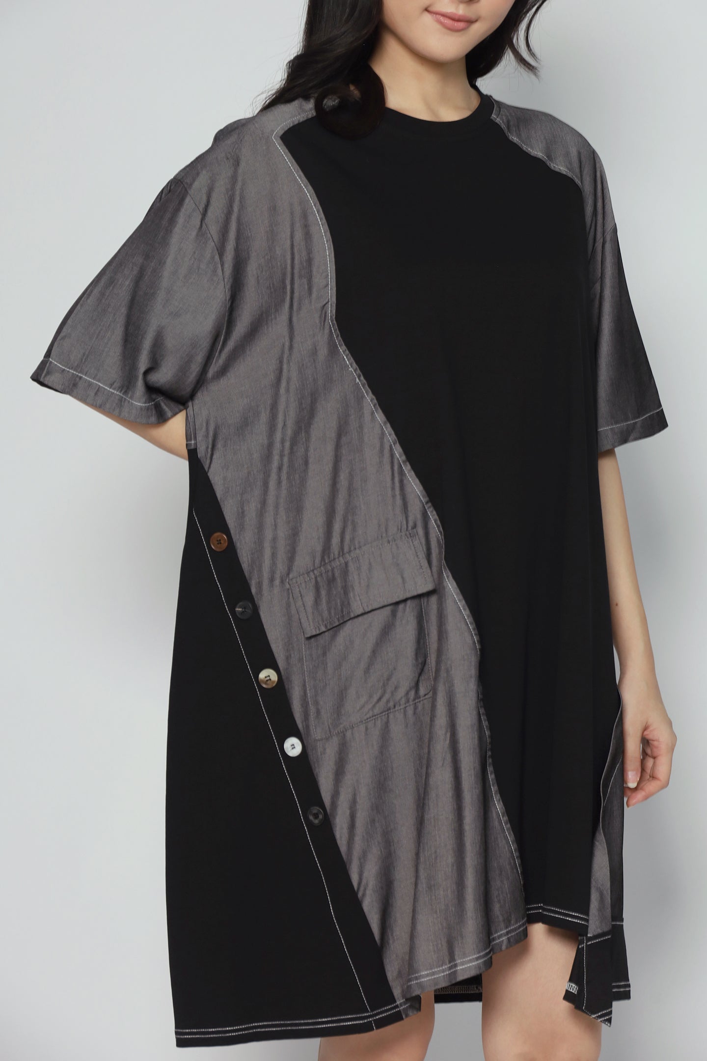 Declan Button Dress in Grey Black