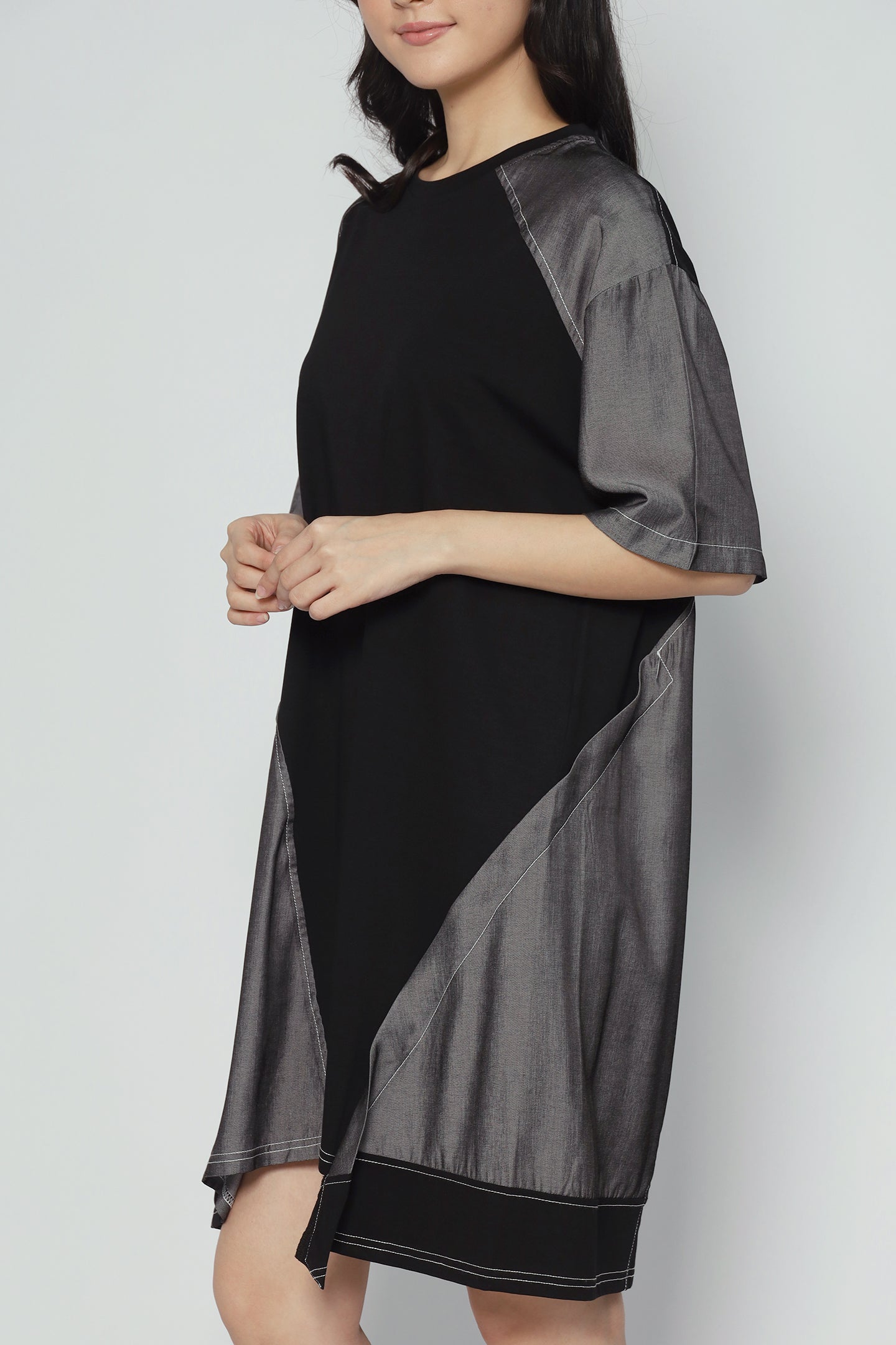 Declan Button Dress in Grey Black