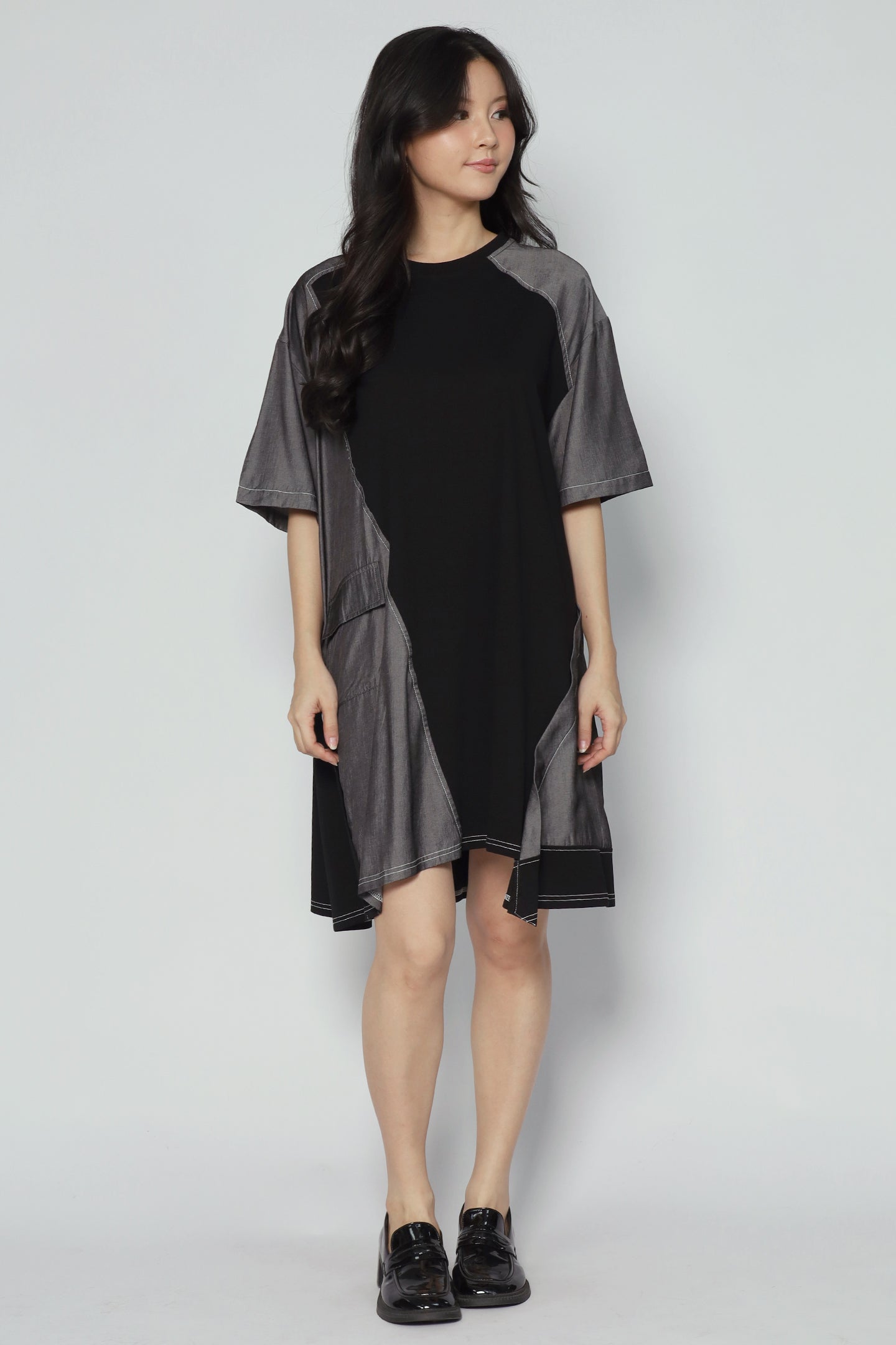Declan Button Dress in Grey Black