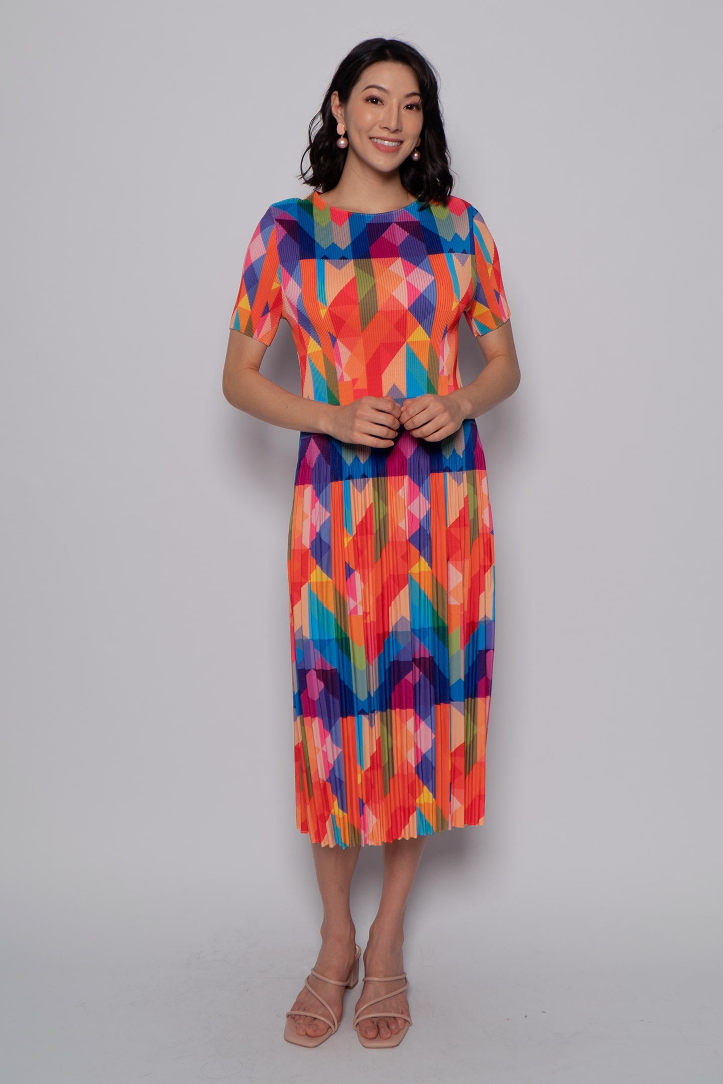 Voon Pleated Dress in Rainbow Geometric