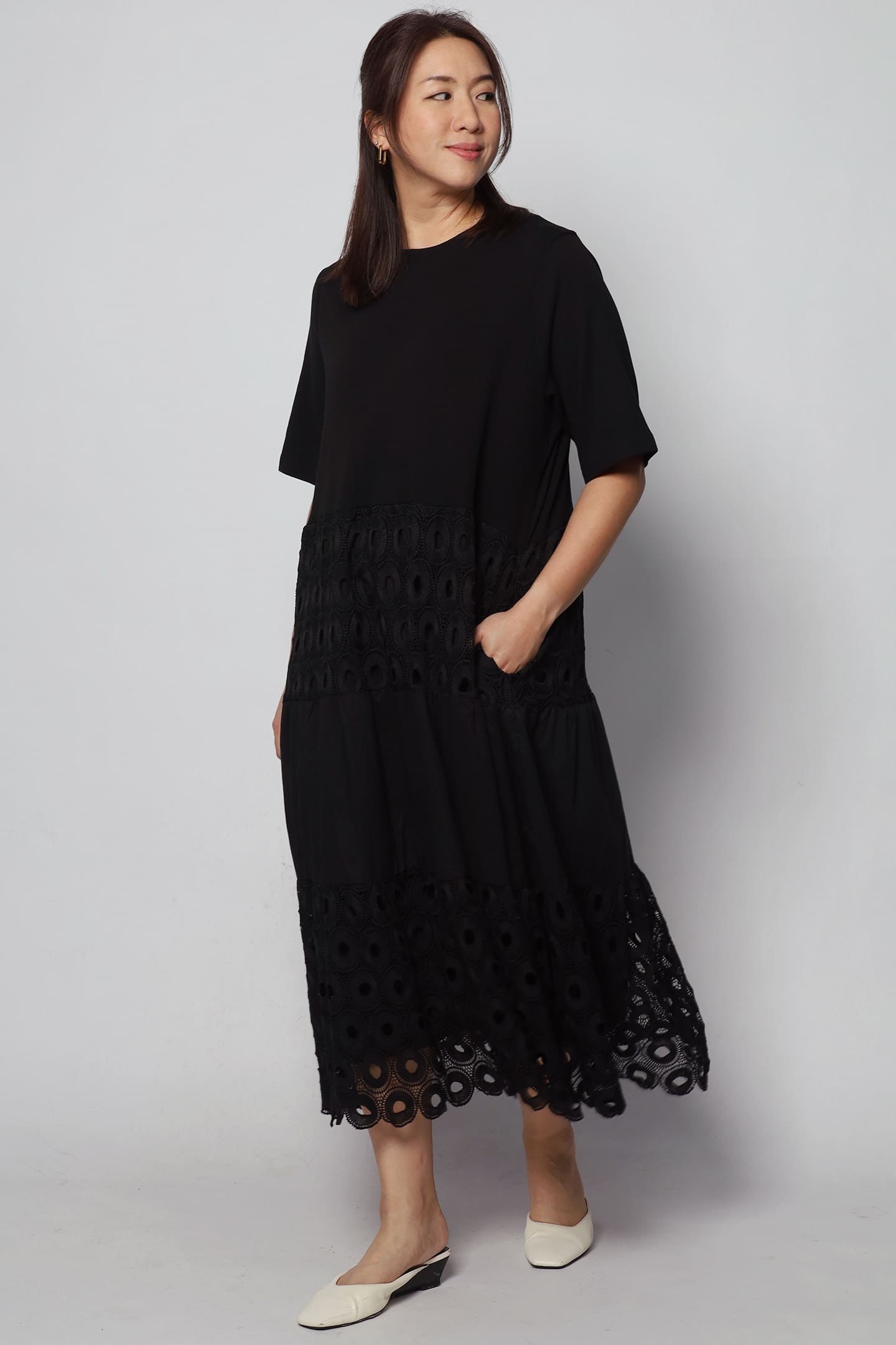 Daya Eyelet Crochet Dress in Black