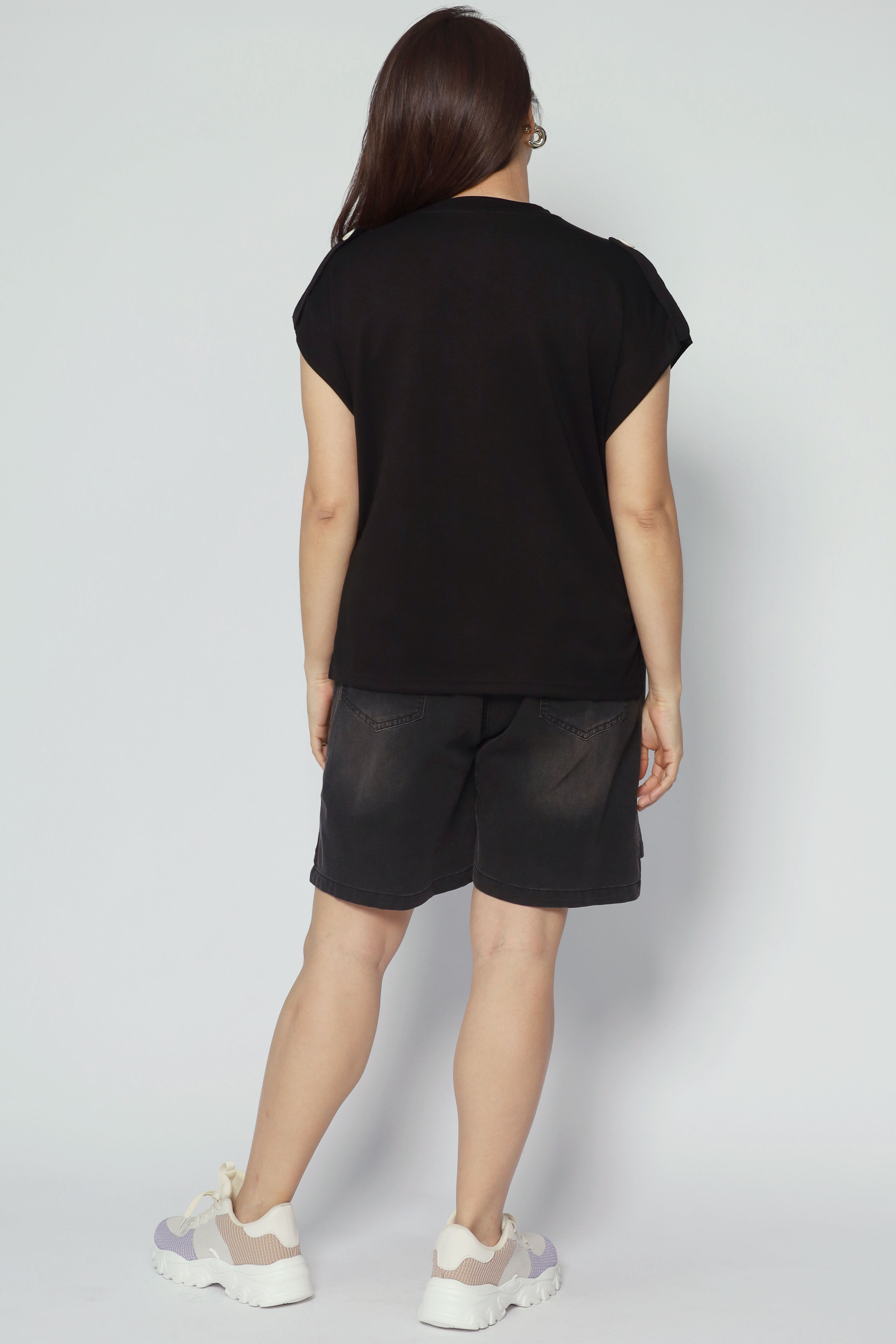 Backorders Zoanne Button Shoulder Top in Black
