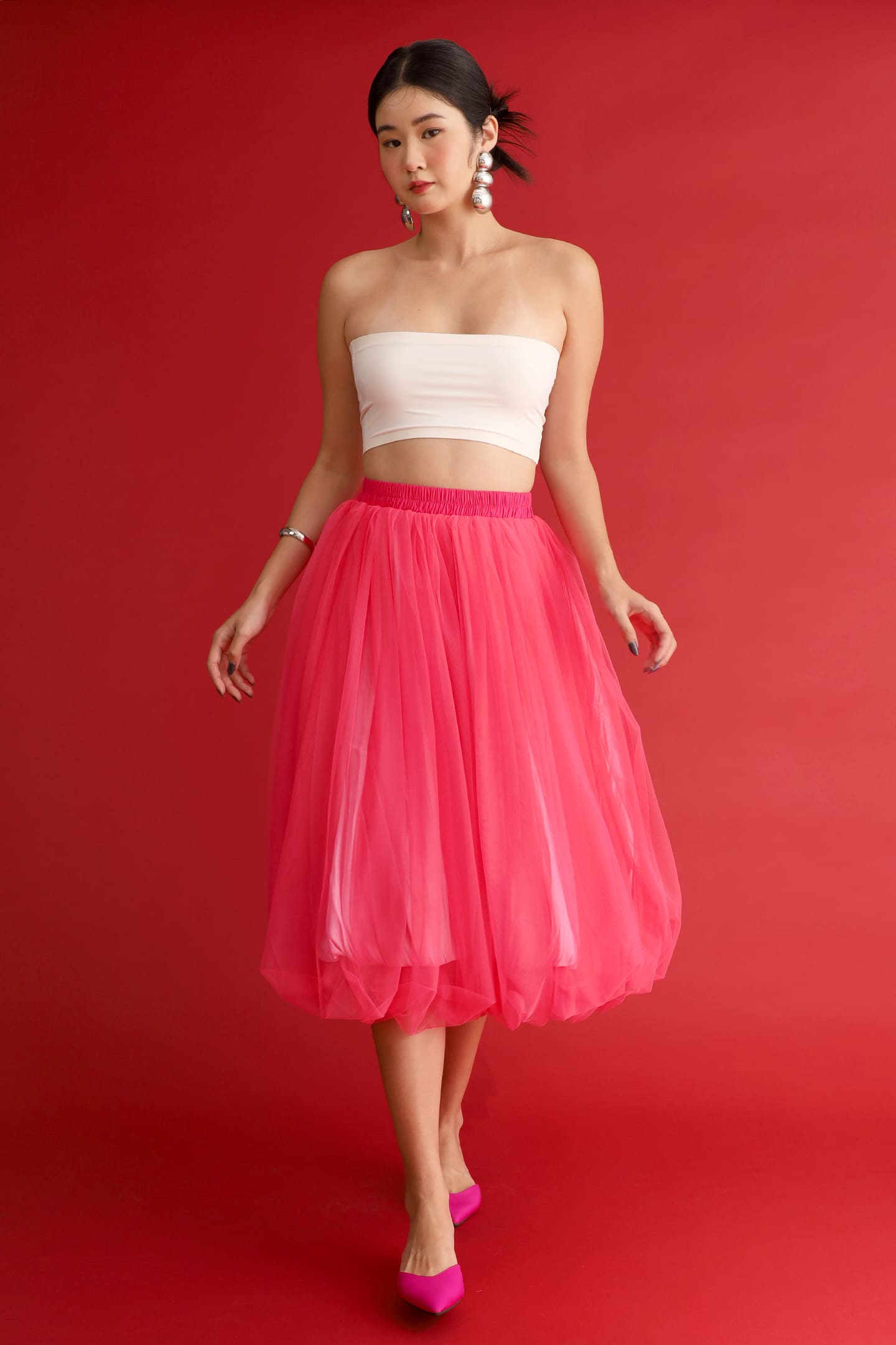 CHOSEN - Flourish Mesh Balloon Skirt in Pink