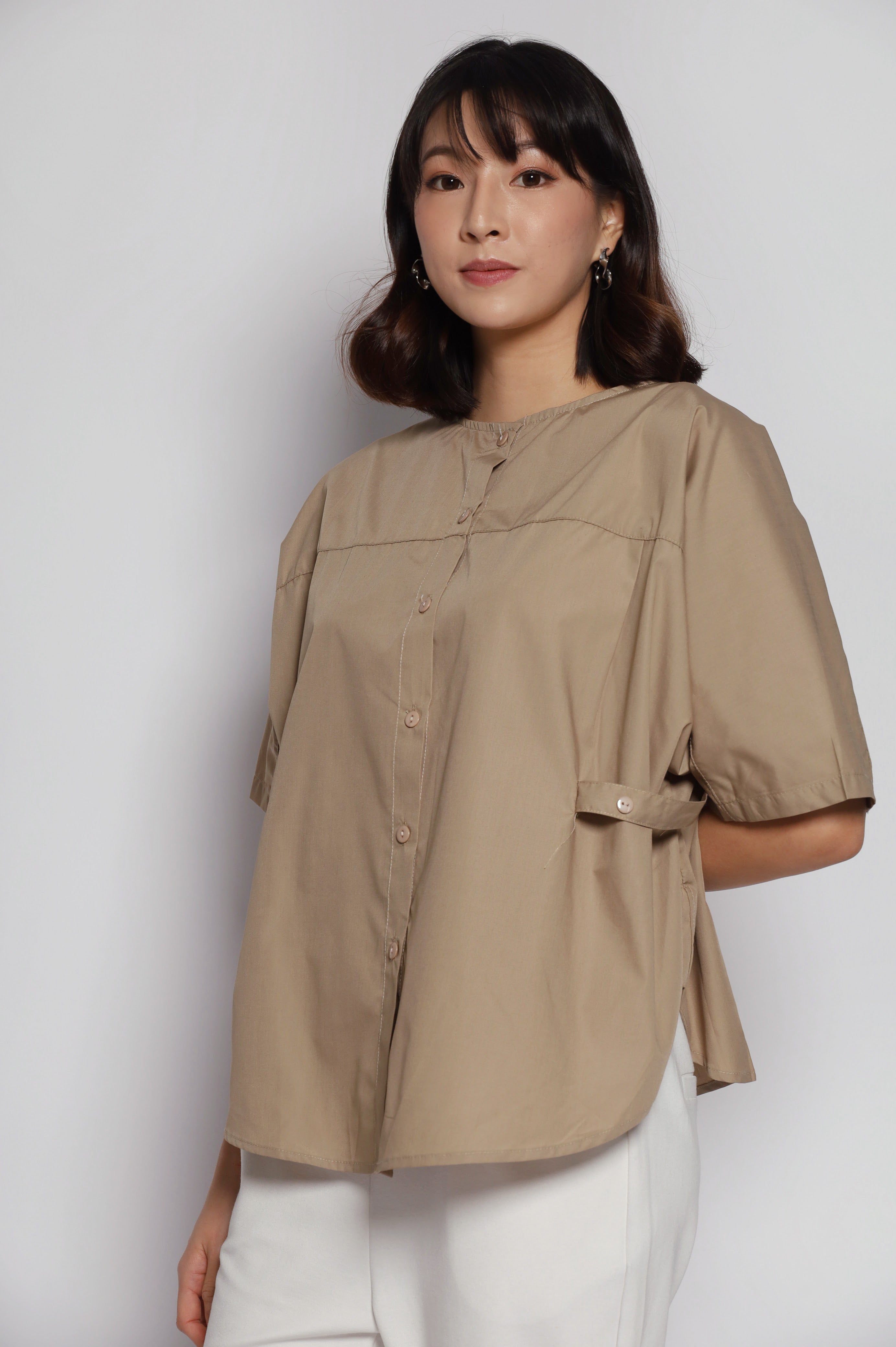 Theo Wrap Button Top in Khaki