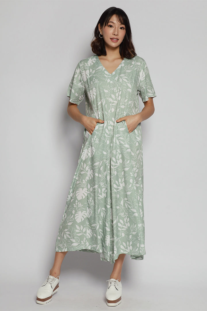 Jolie V Neck Jumpsuit in Green Vines