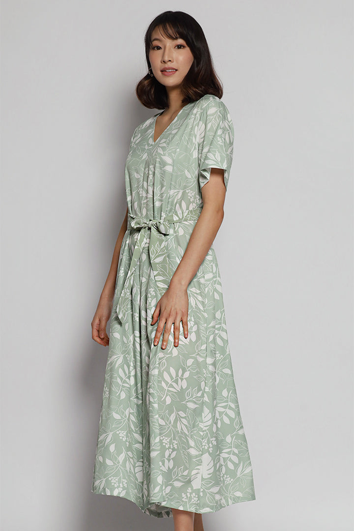 Jolie V Neck Jumpsuit in Green Vines