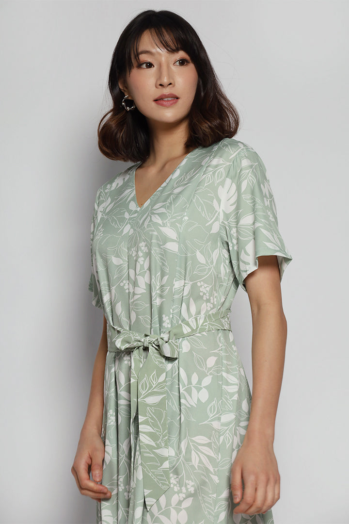 Jolie V Neck Jumpsuit in Green Vines
