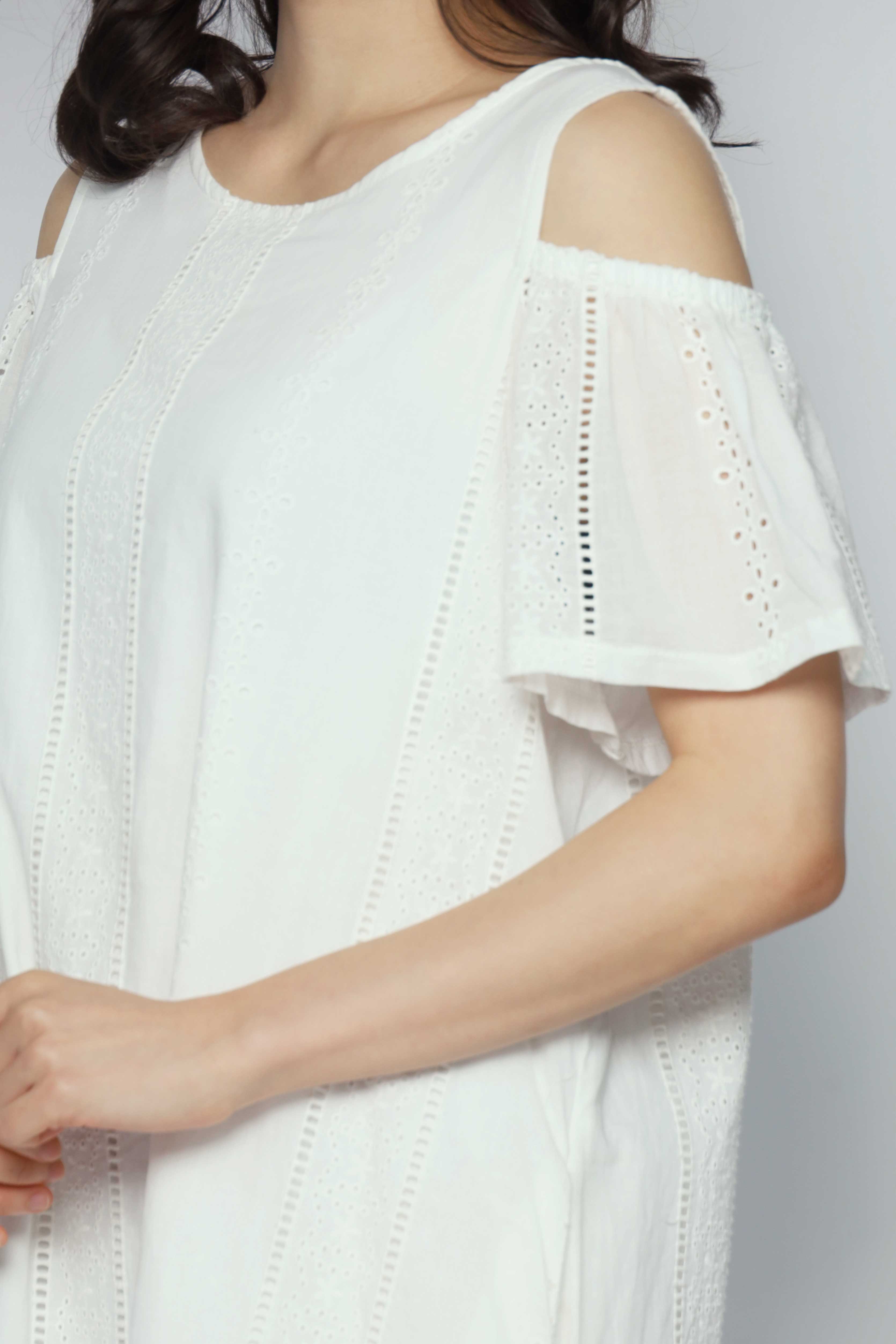 Mary Jane Cold Shoulder Dress in White Crochet