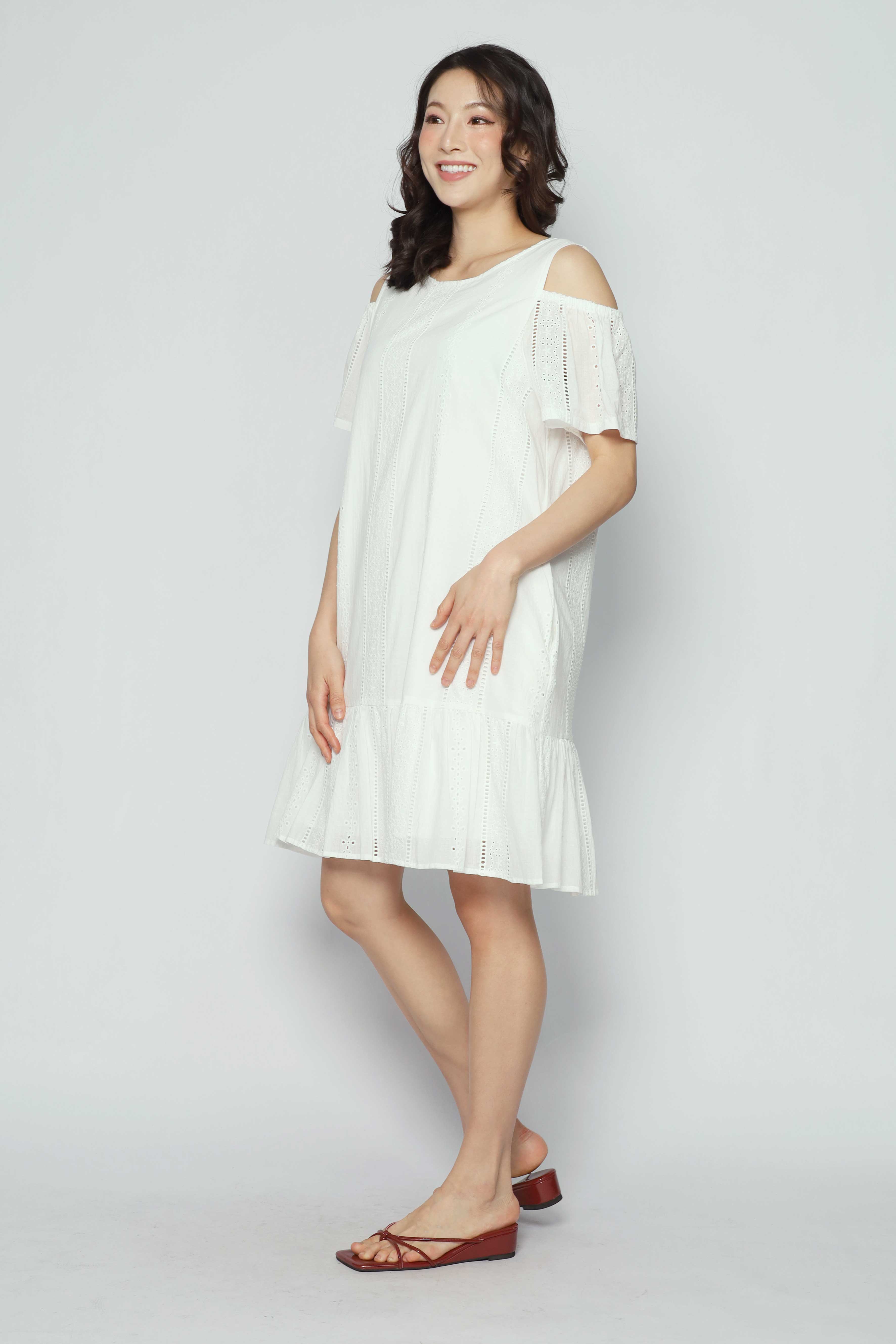 Mary Jane Cold Shoulder Dress in White Crochet