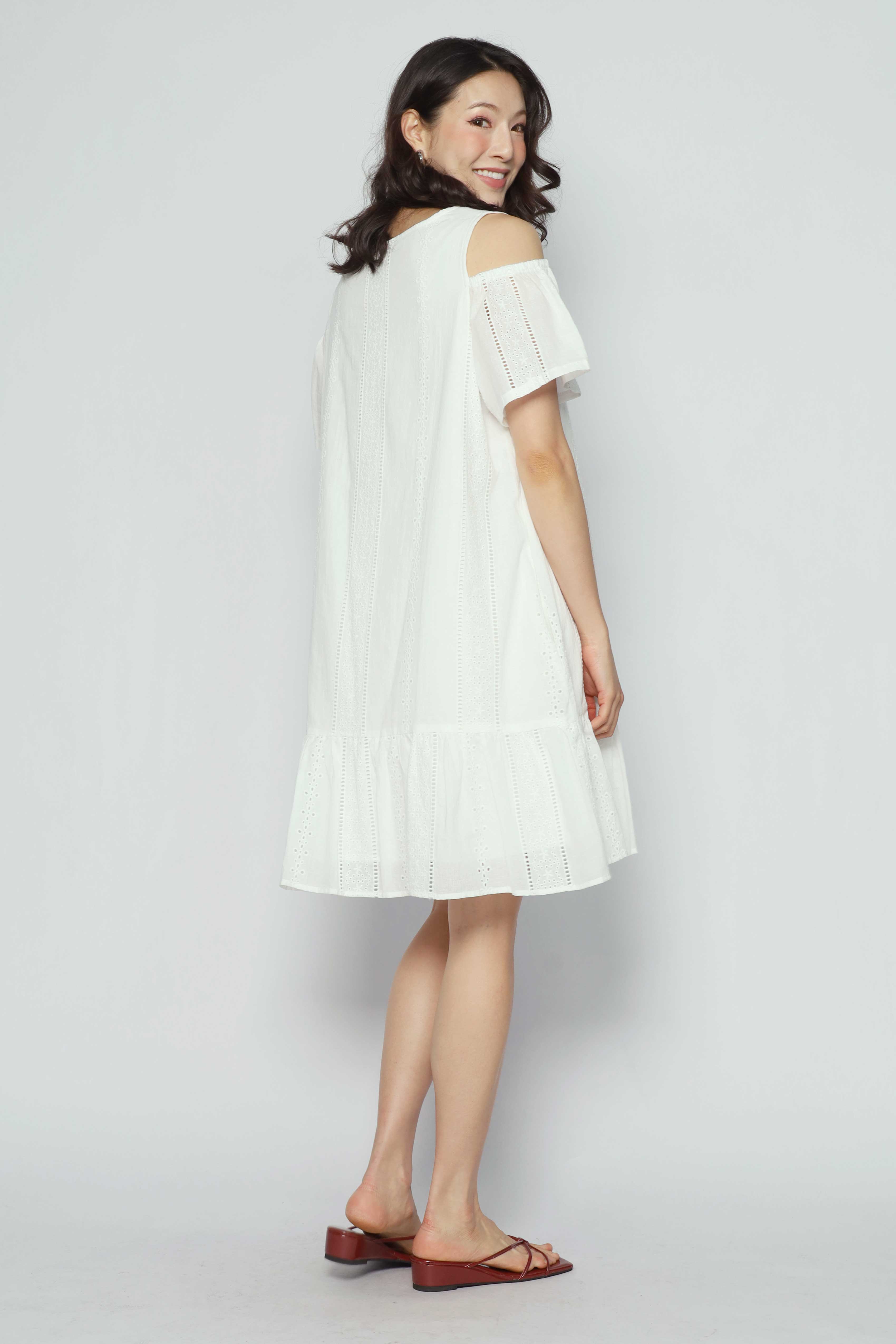 Mary Jane Cold Shoulder Dress in White Crochet