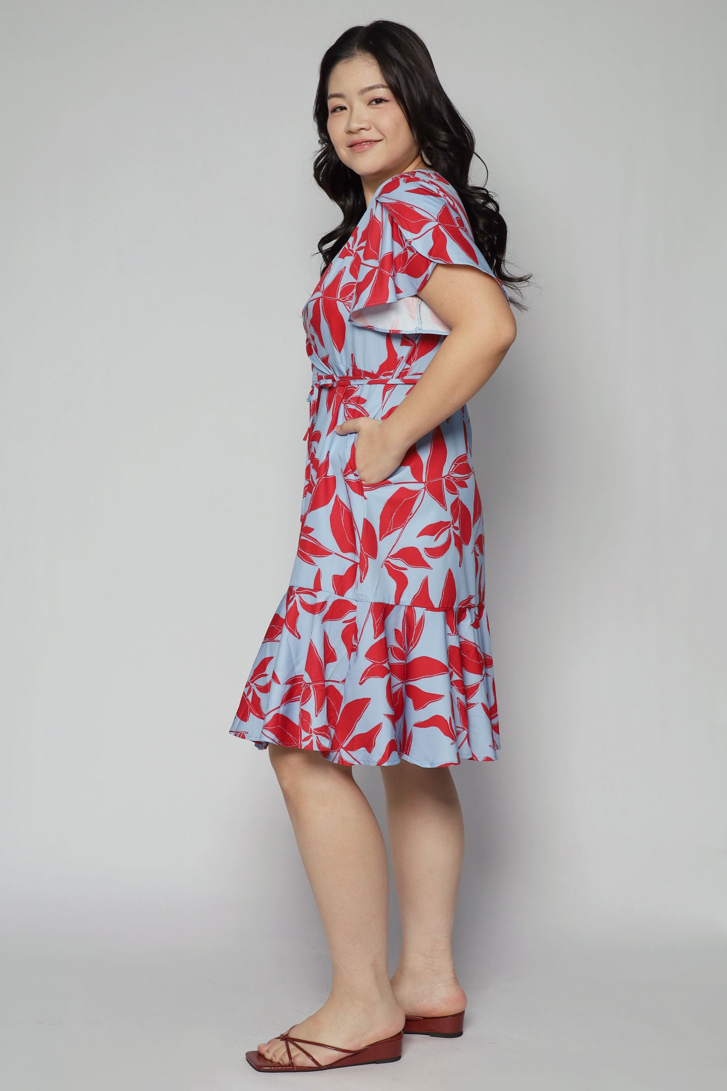 Minnie Wrap Dress in Red Blue Fern