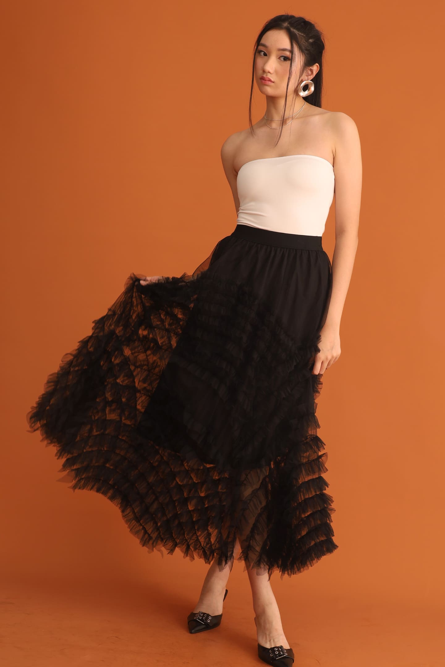 CHOSEN - Taiji Frill Mesh Skirt in Black