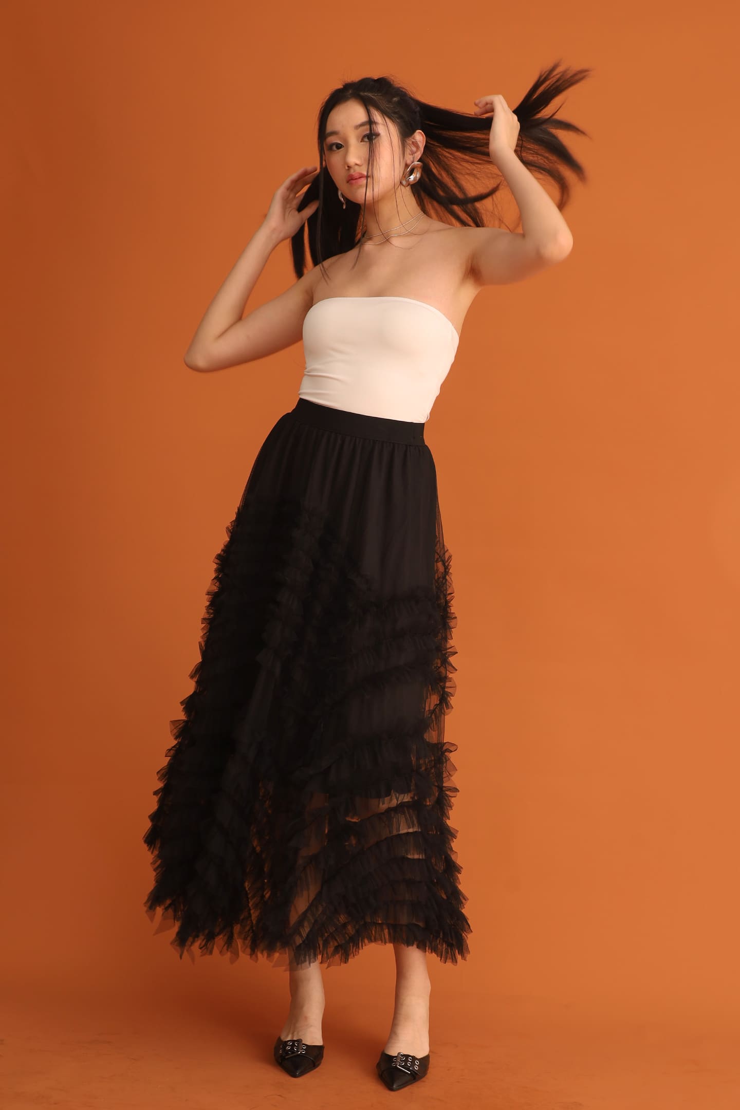 CHOSEN - Taiji Frill Mesh Skirt in Black