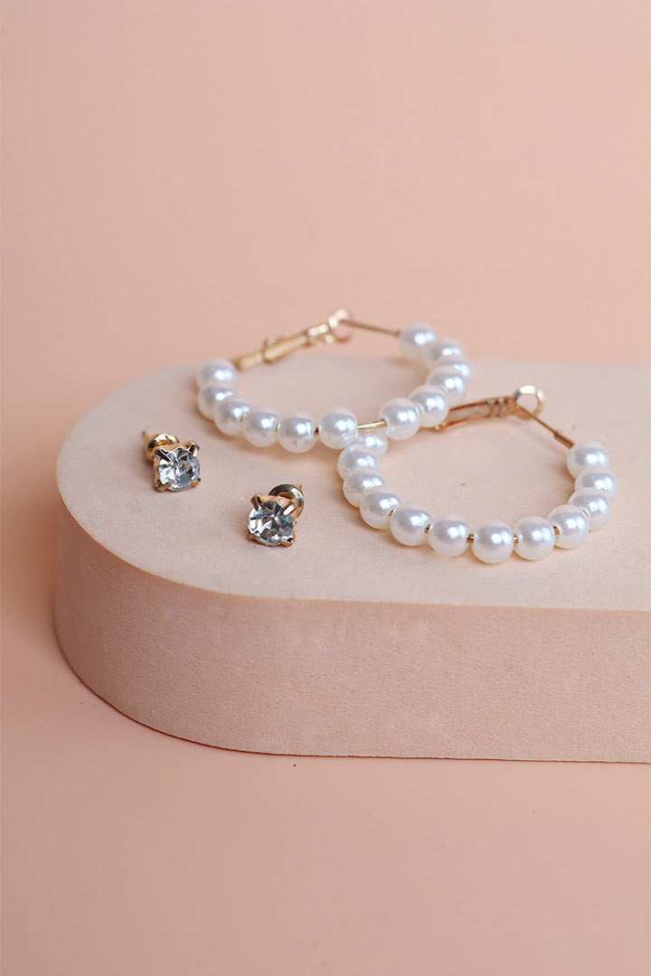 Sparkling Diamond-Pearl Earrings Set