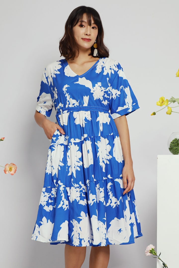 Adela Drawstring Dress in Blue Floral