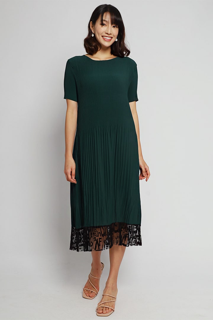 Kylicia Lace Pleated Dress in Green