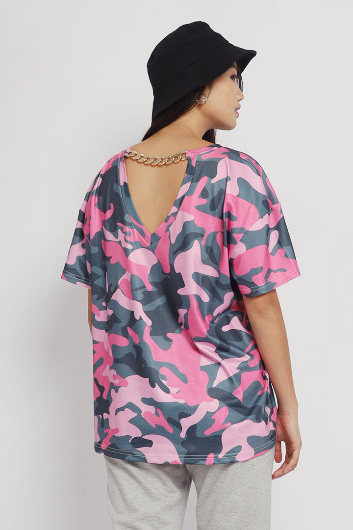 Trilly Chain Candy Camo Top in Pink Green