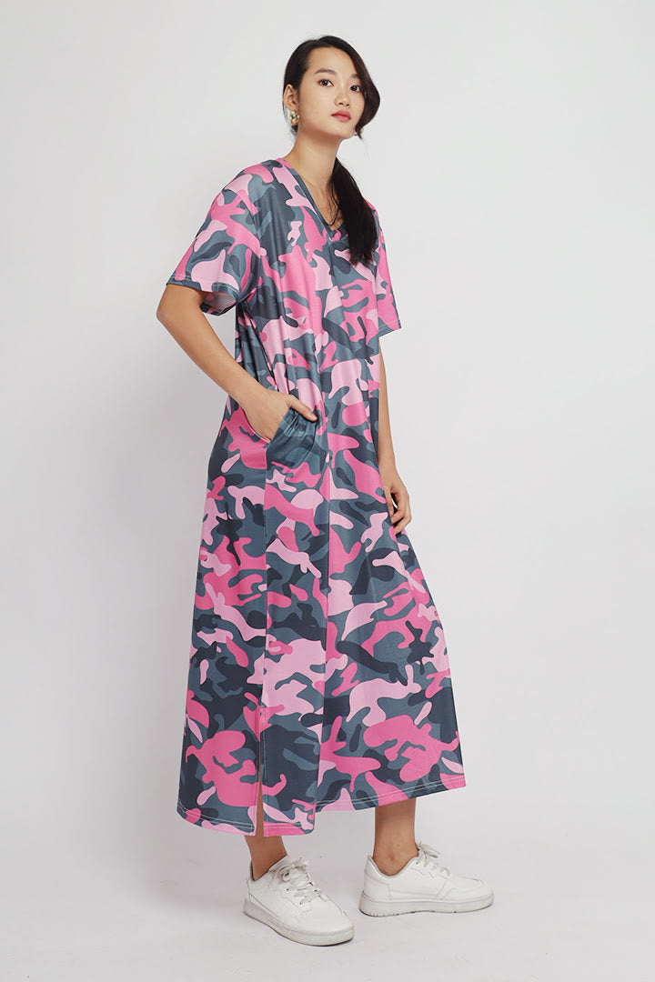 Elaine Candy Camo Maxi Dress in Pink Green