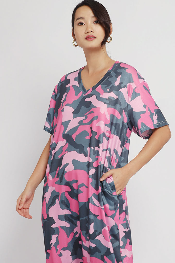 Elaine Candy Camo Maxi Dress in Pink Green