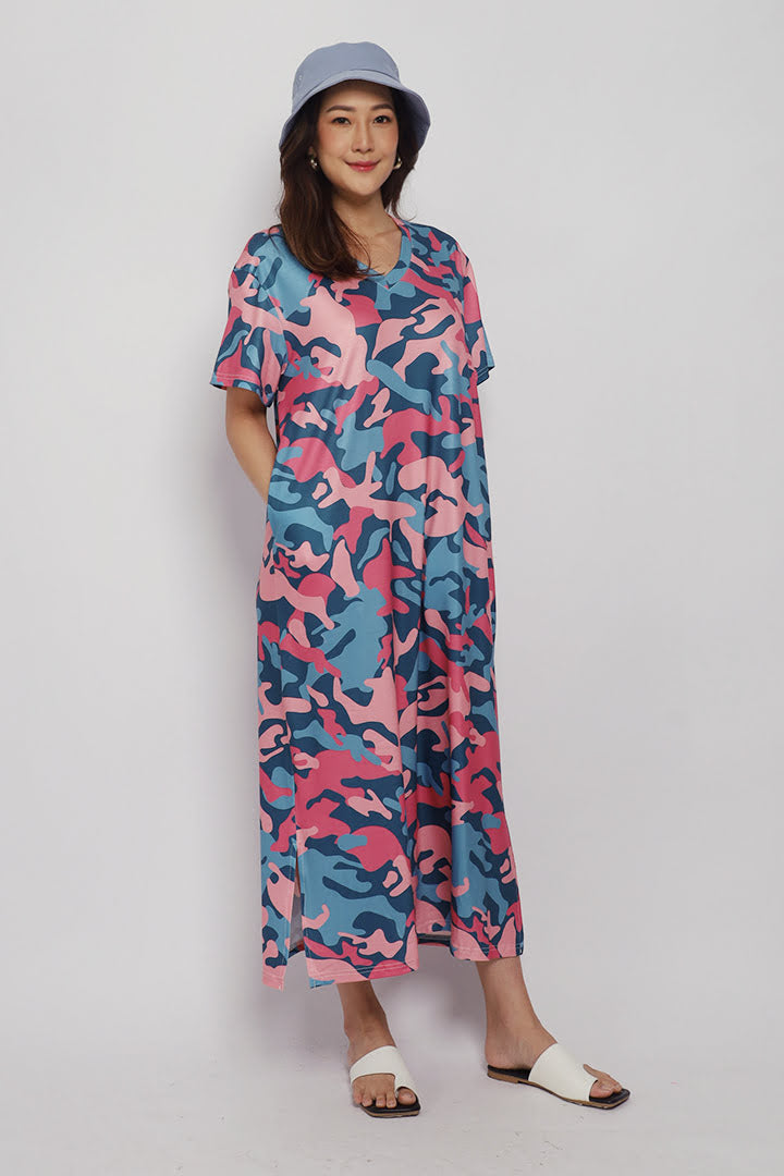 Elaine Candy Camo Maxi Dress in Coral Pink