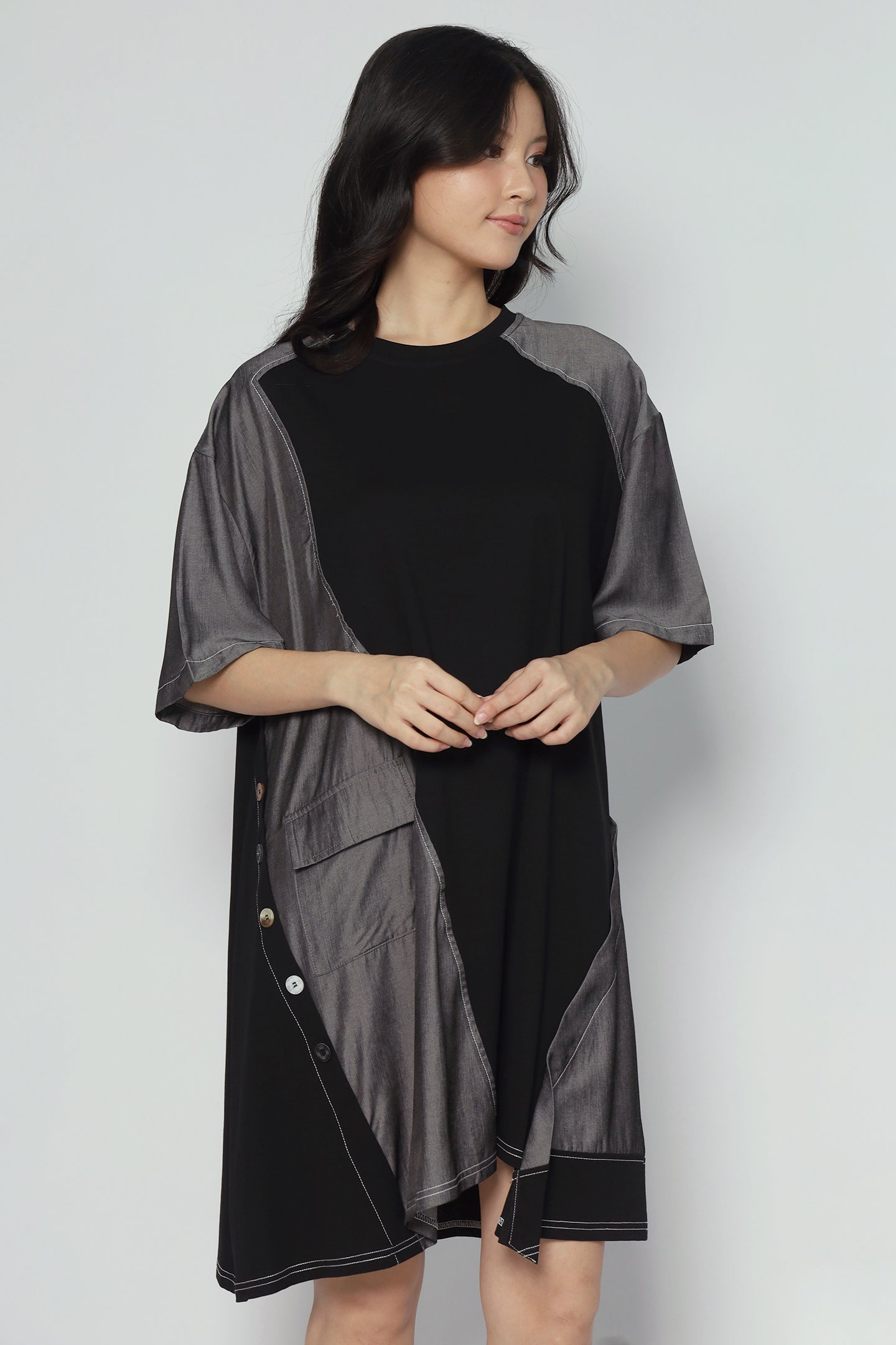 Declan Button Dress in Grey Black