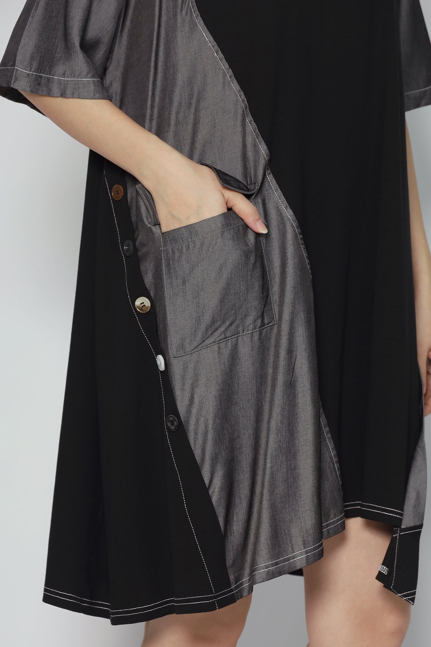 Declan Button Dress in Grey Black