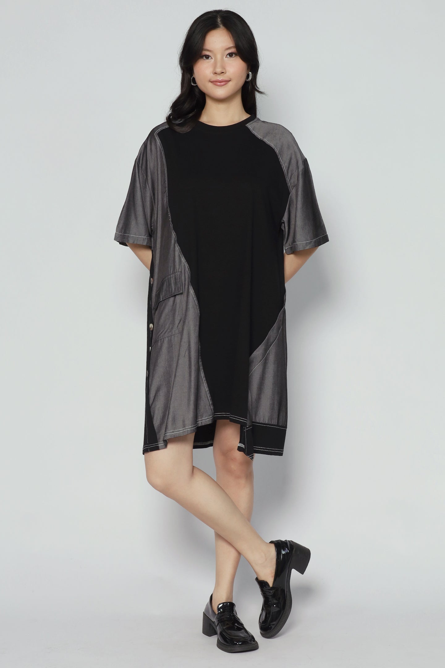 Declan Button Dress in Grey Black
