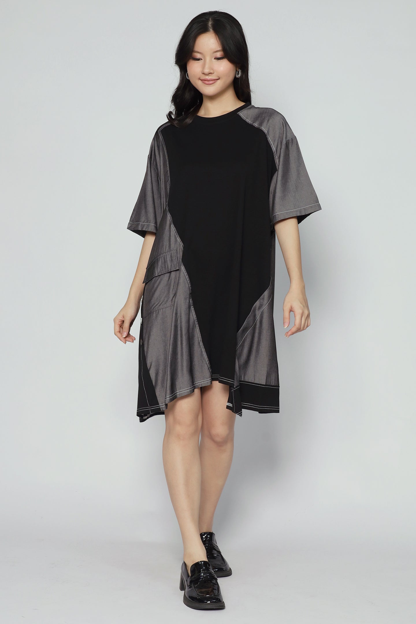 Declan Button Dress in Grey Black