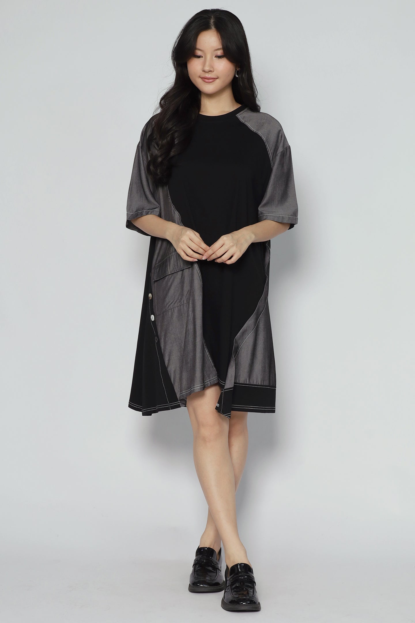 Declan Button Dress in Grey Black