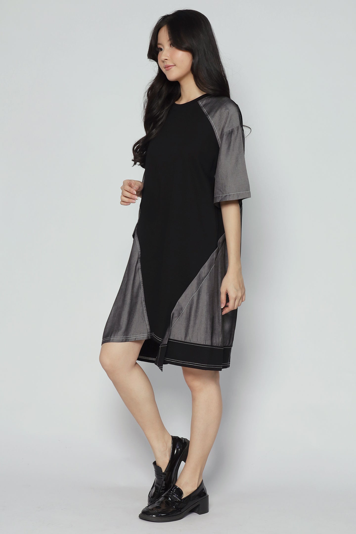 Declan Button Dress in Grey Black