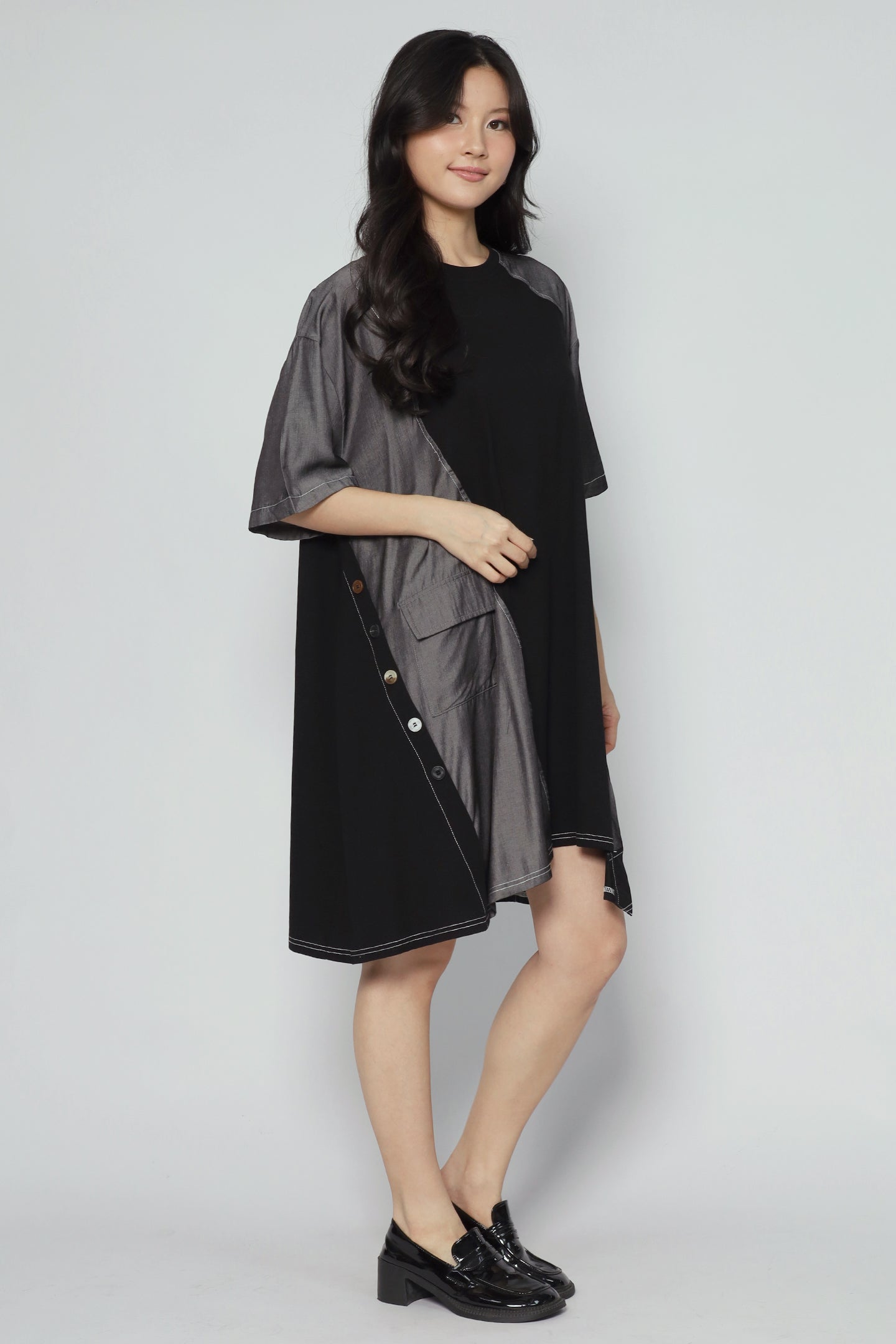 Declan Button Dress in Grey Black