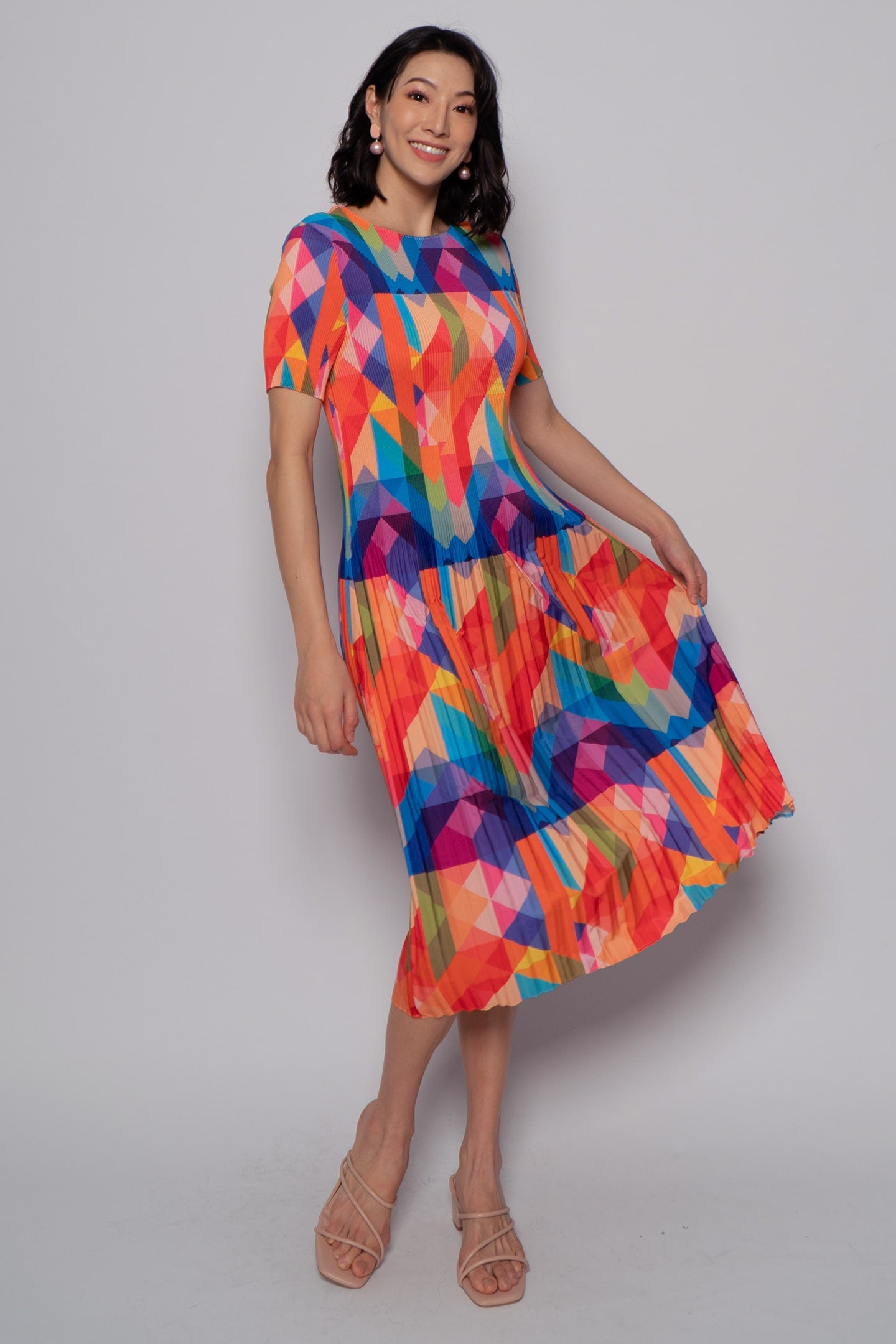 Voon Pleated Dress in Rainbow Geometric