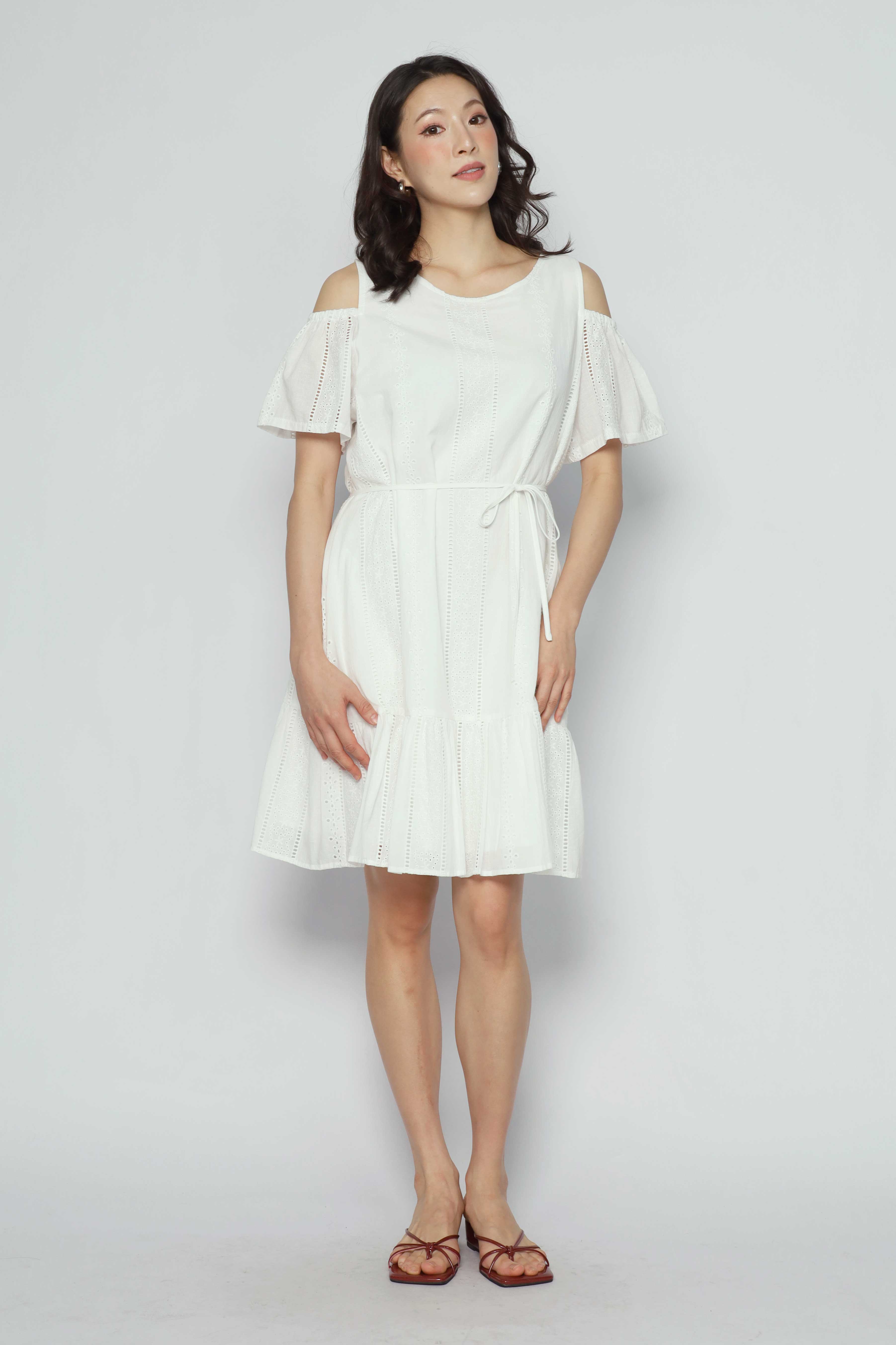 Mary Jane Cold Shoulder Dress in White Crochet