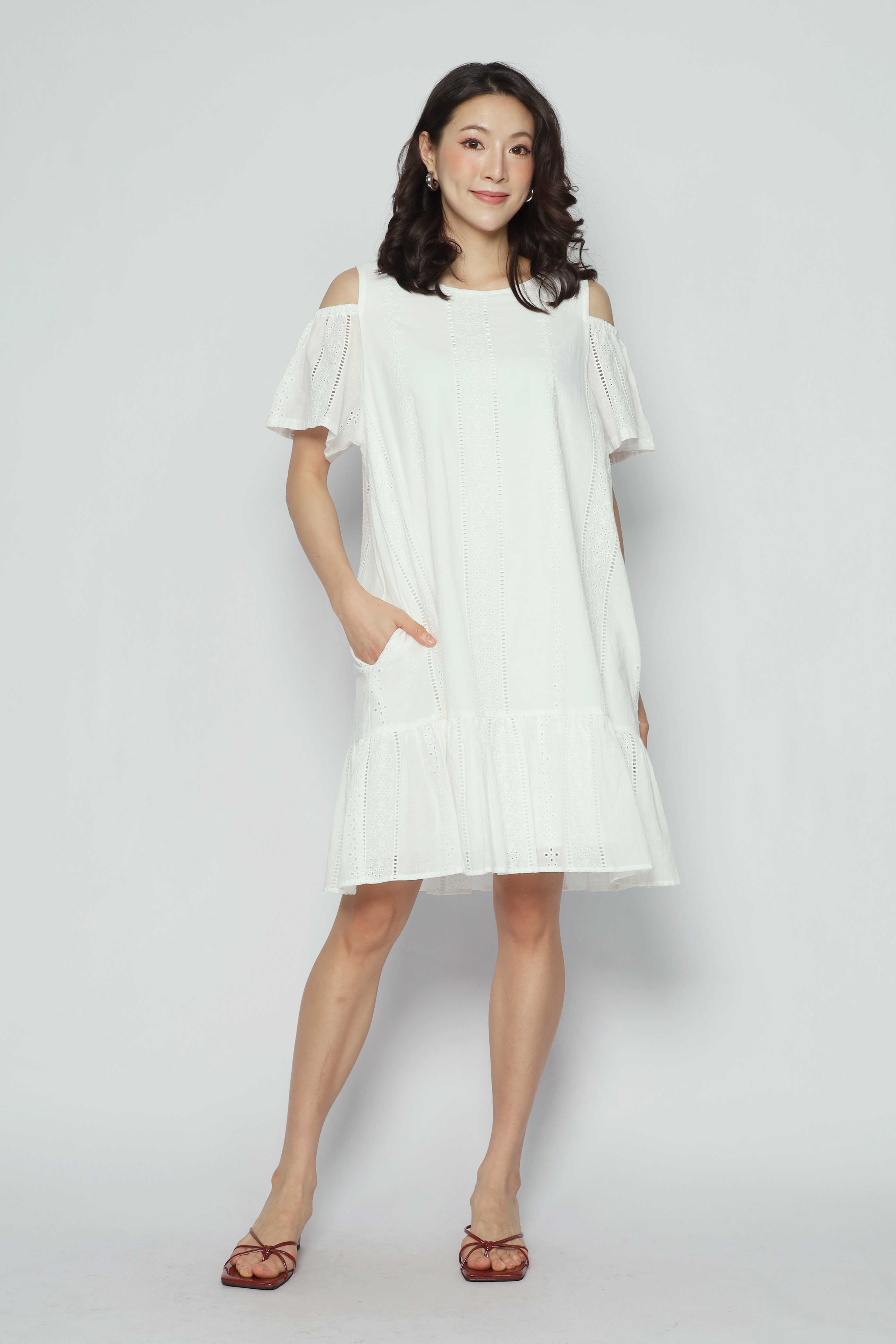 Mary Jane Cold Shoulder Dress in White Crochet