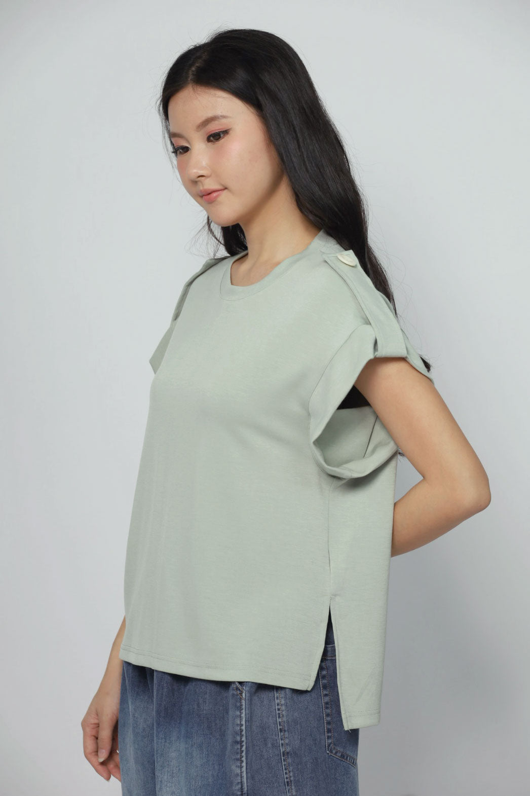 Backorders Zoanne Button Shoulder Top in Mint Green