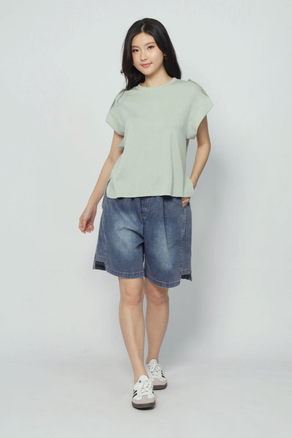 Backorders Zoanne Button Shoulder Top in Mint Green