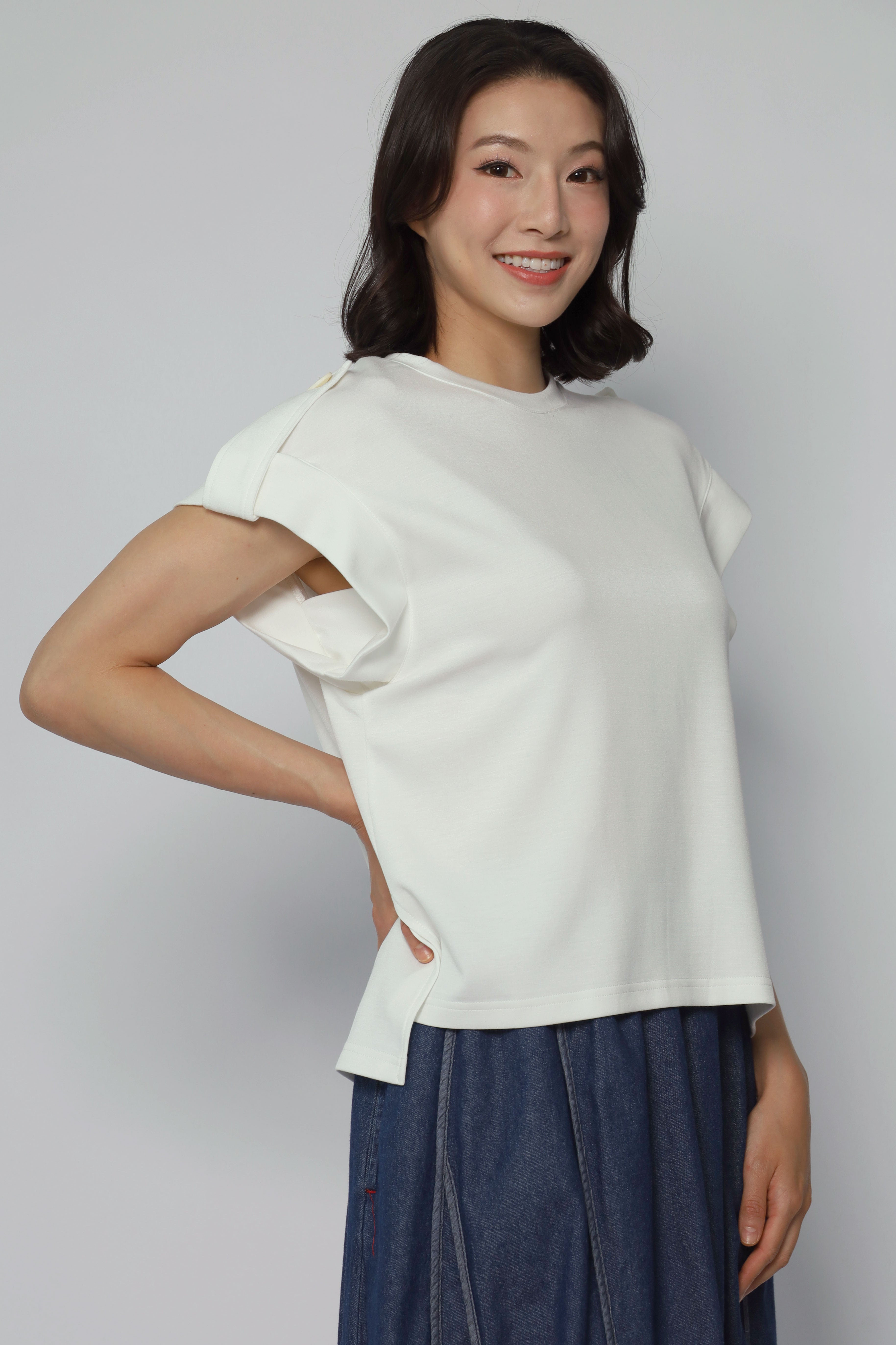 Backorders Zoanne Button Shoulder Top in White