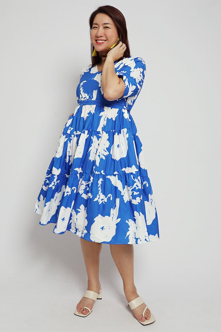 Adela Drawstring Dress in Blue Floral