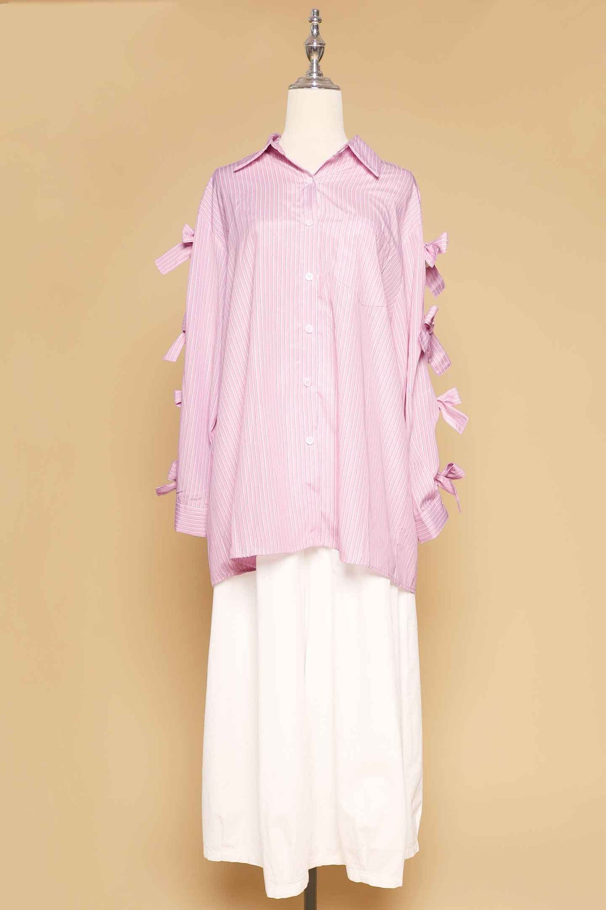 Charmelle Pinstripes Ribbon Top in Pink