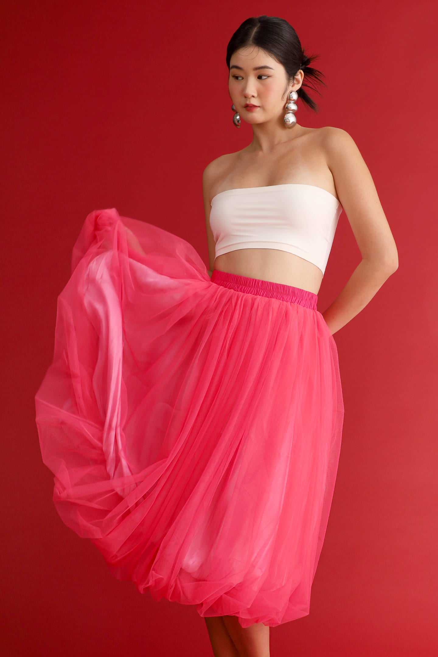 CHOSEN - Flourish Mesh Balloon Skirt in Pink