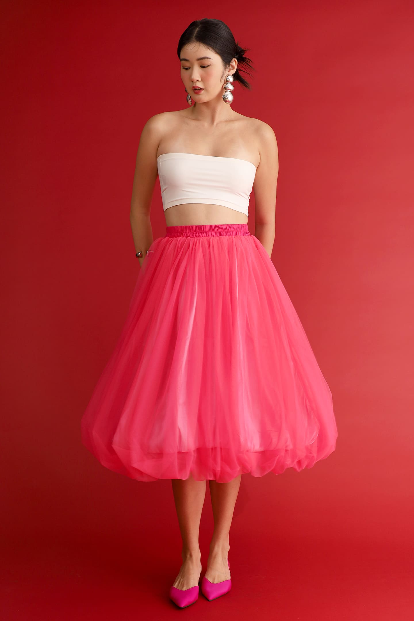 CHOSEN - Flourish Mesh Balloon Skirt in Pink