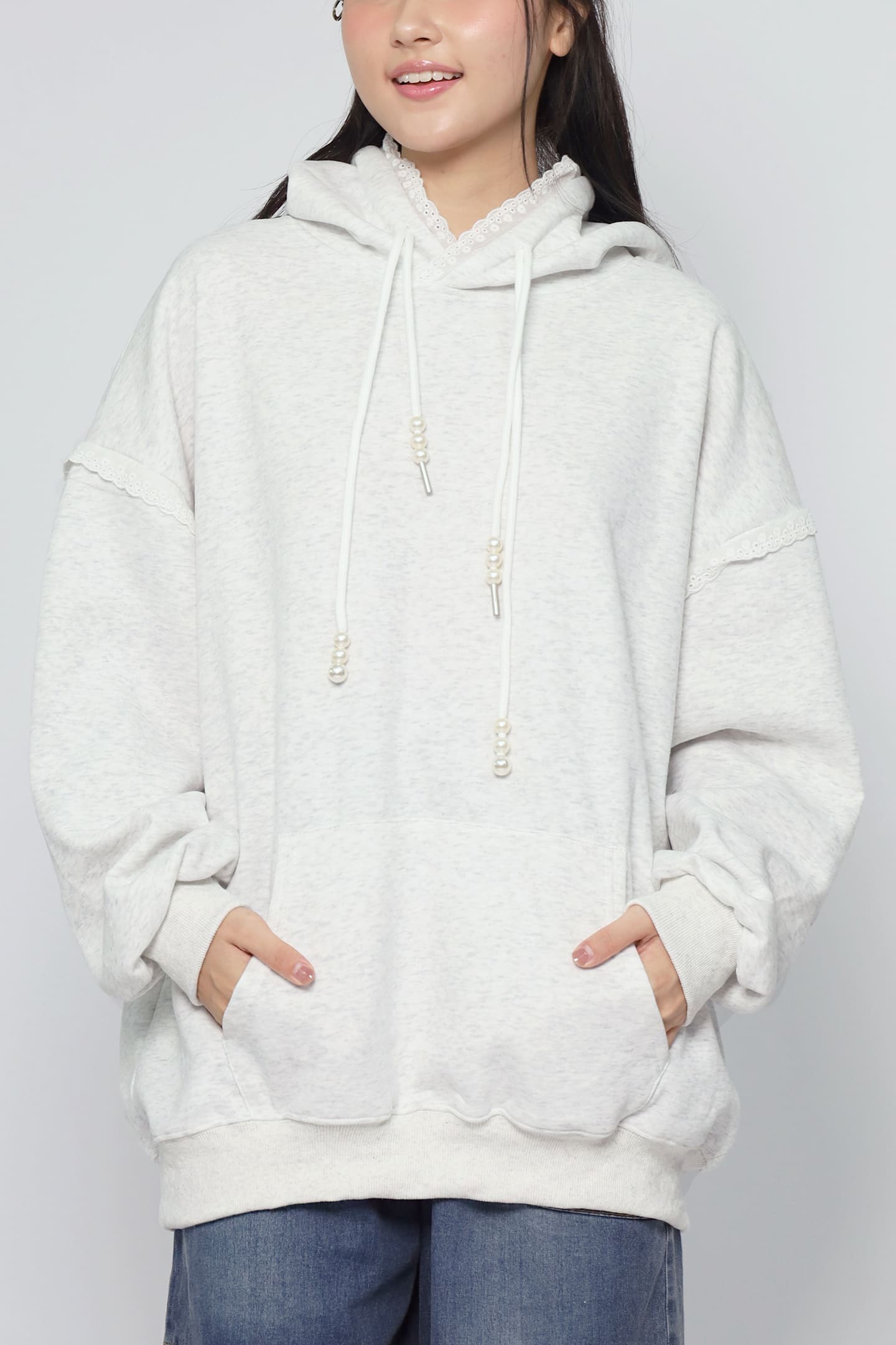 JOY - Hana Lace Hoodie Pullover in Grey