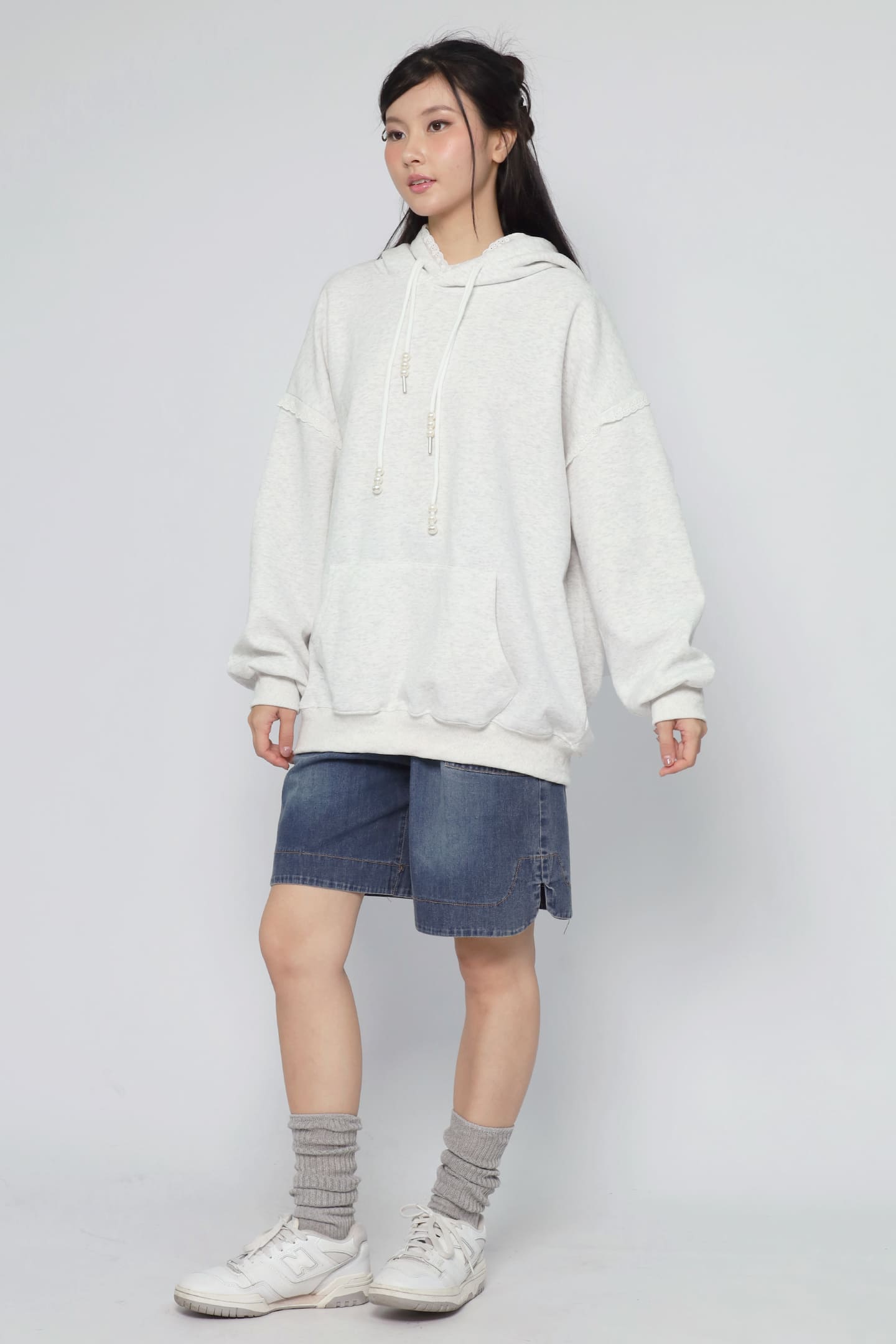 JOY - Hana Lace Hoodie Pullover in Grey