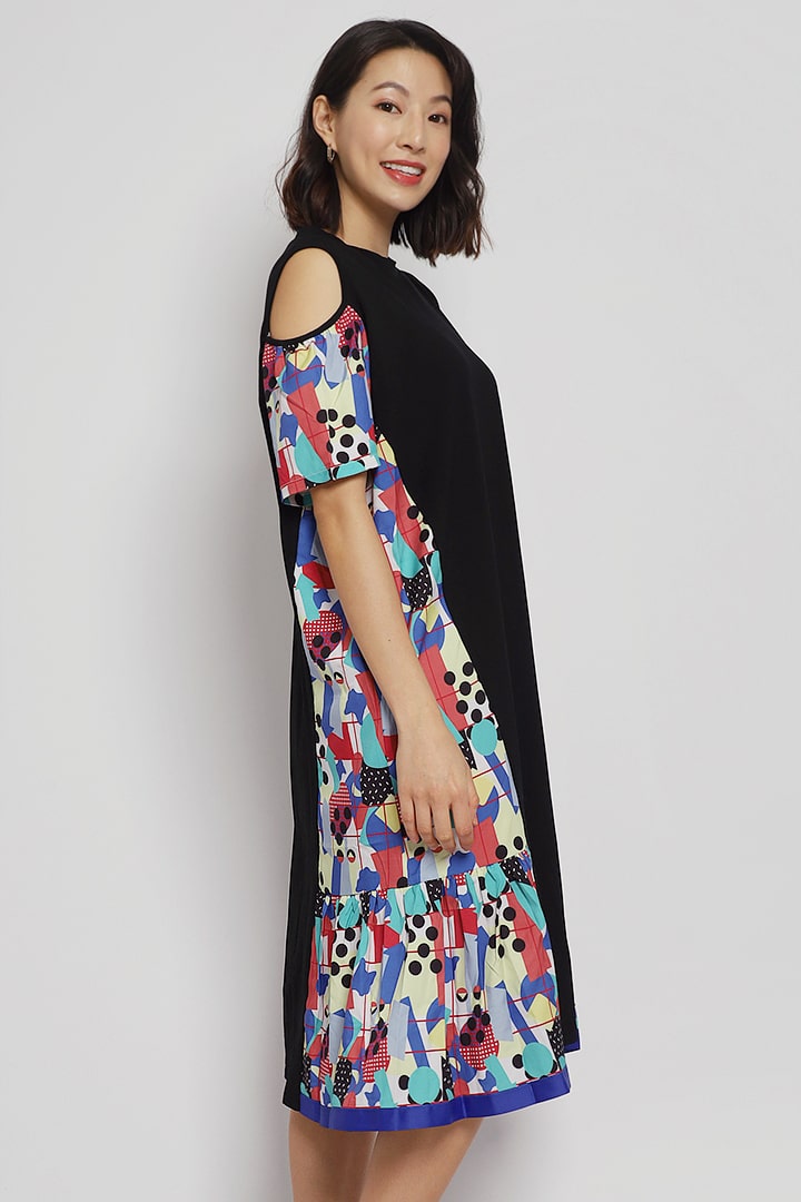 Reina Cold Shoulder Dress in Abstract Polkadot