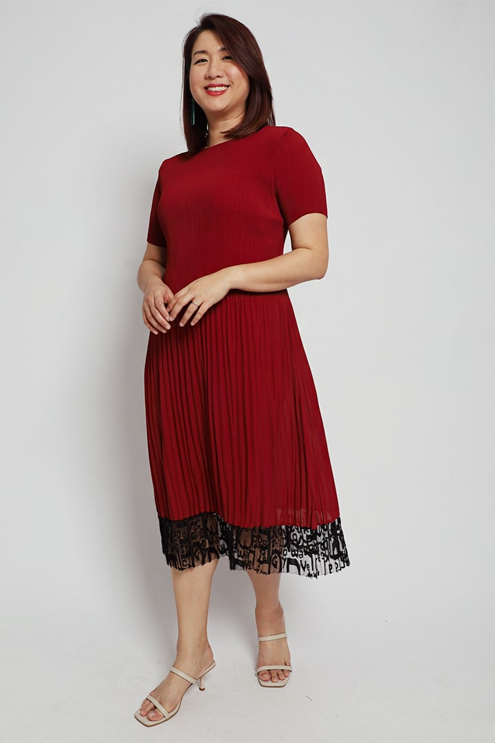 Kylicia Lace Pleated Dress in Red