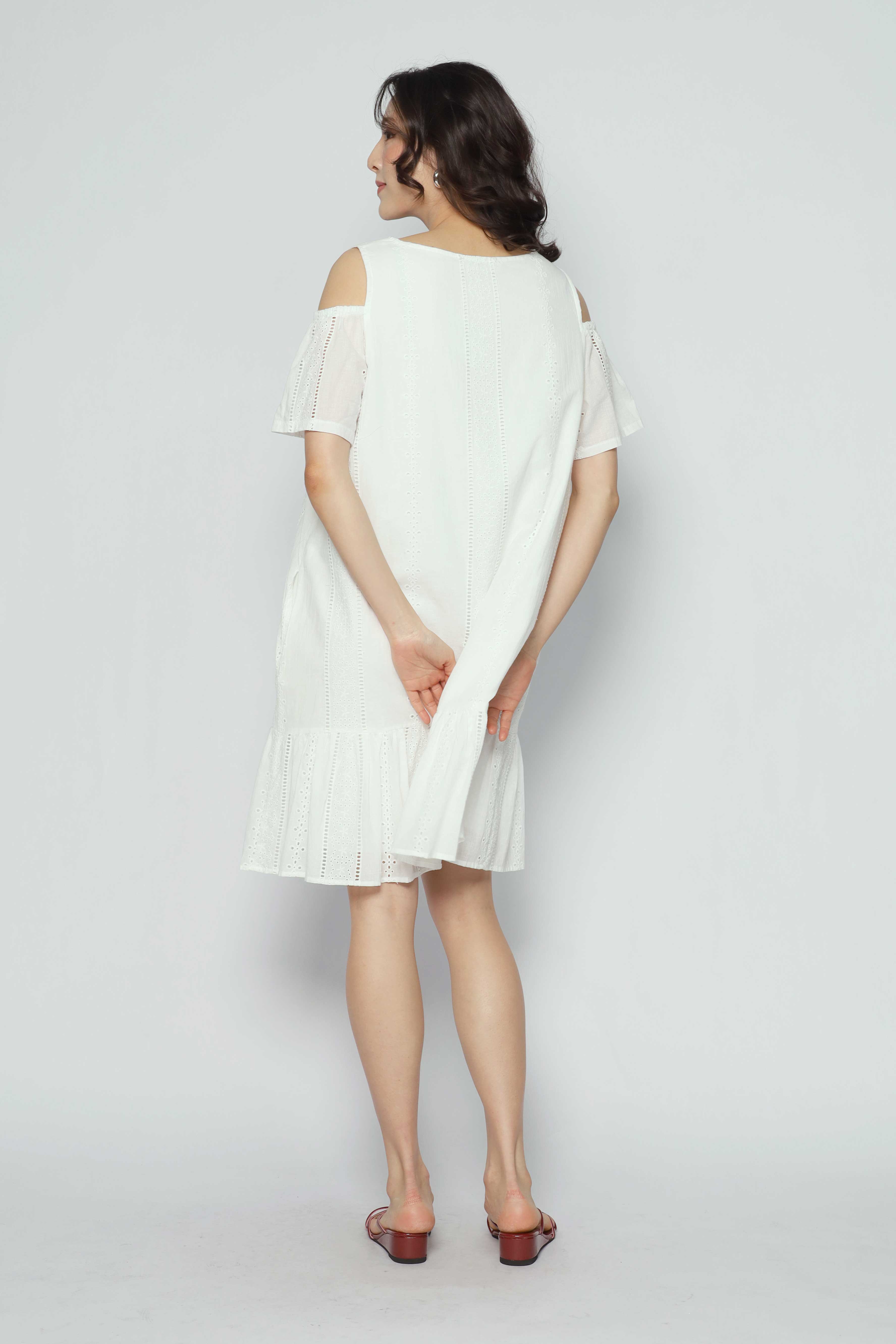 Mary Jane Cold Shoulder Dress in White Crochet