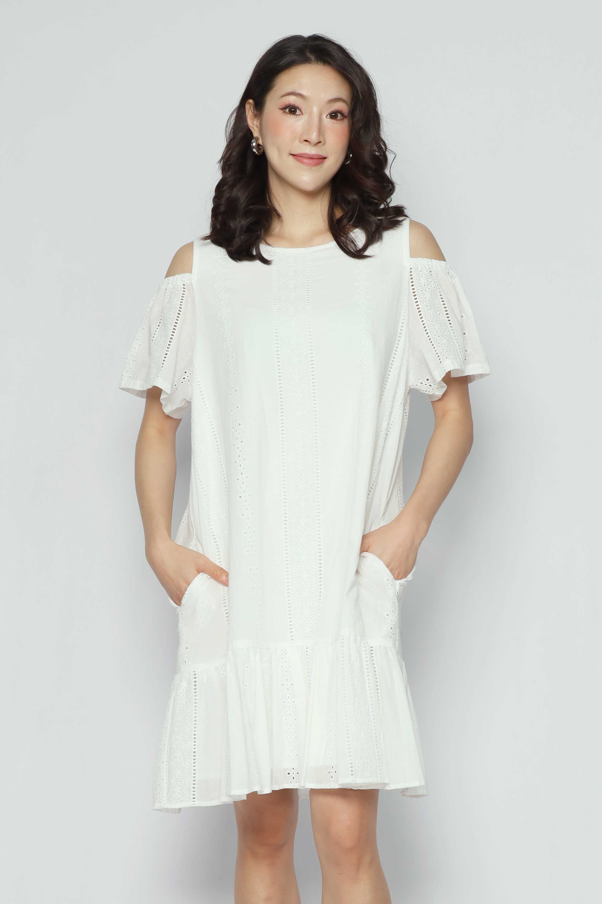 Mary Jane Cold Shoulder Dress in White Crochet