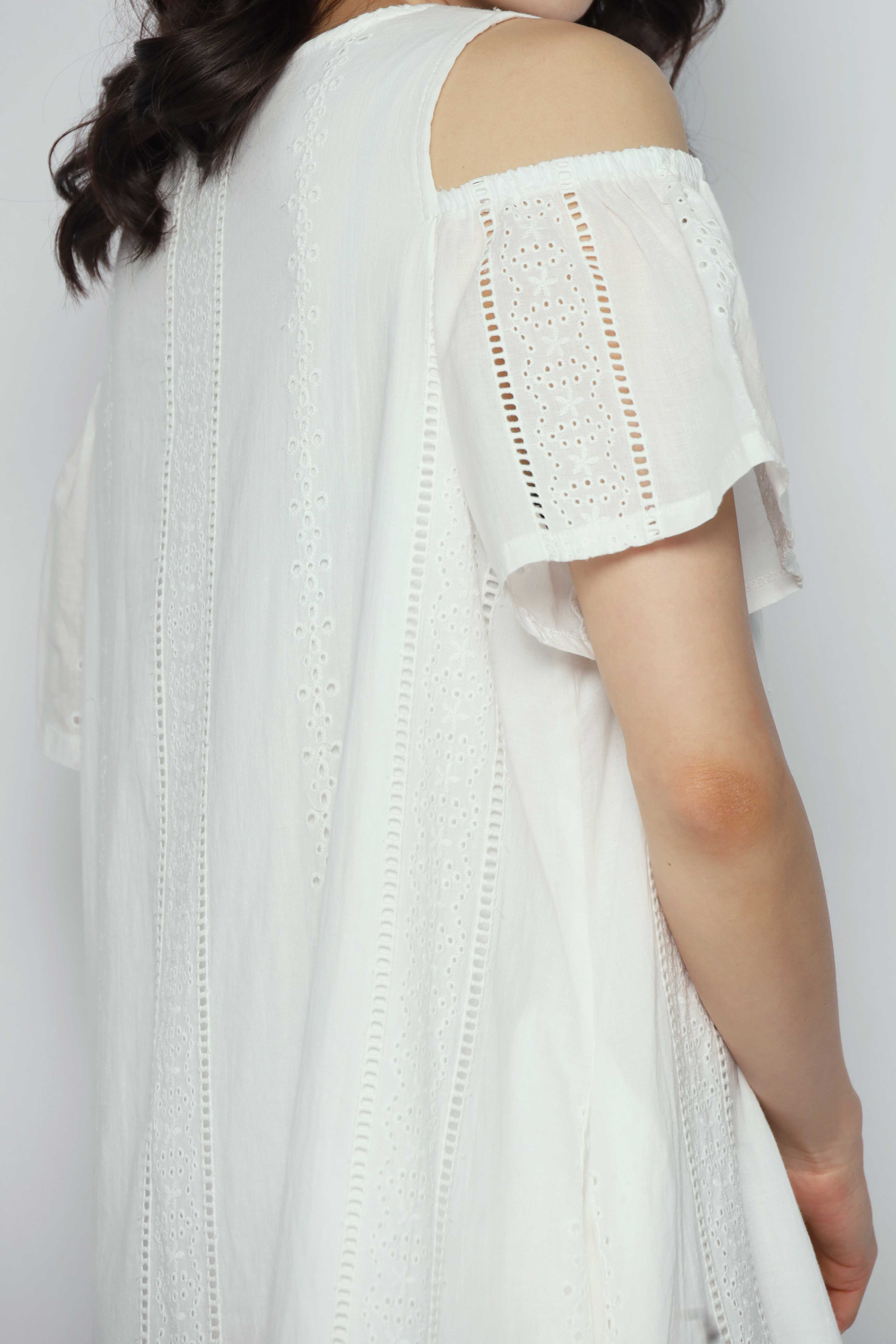 Mary Jane Cold Shoulder Dress in White Crochet